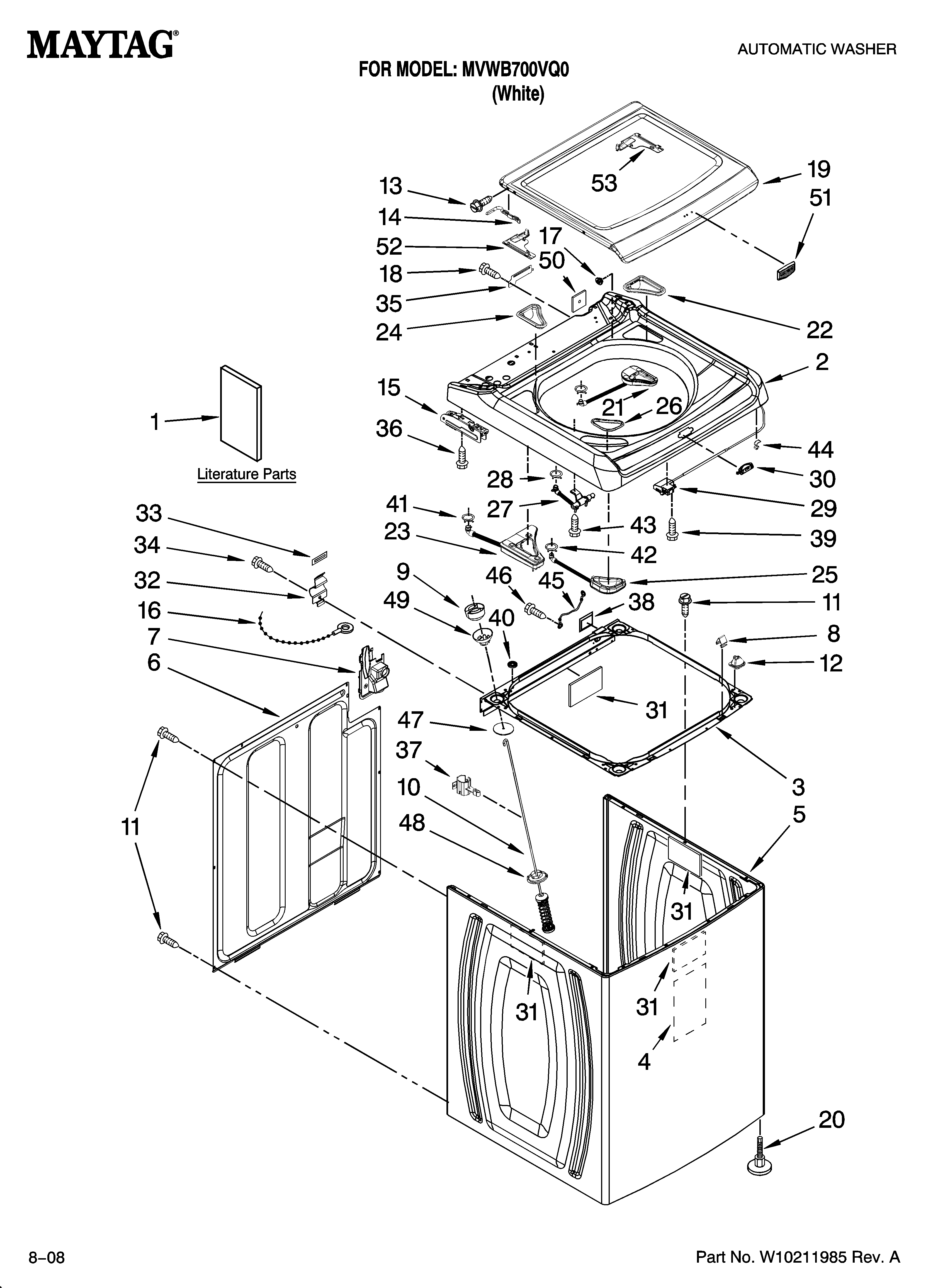 Maytag MVWB700VQ0 top and cabinet parts diagram