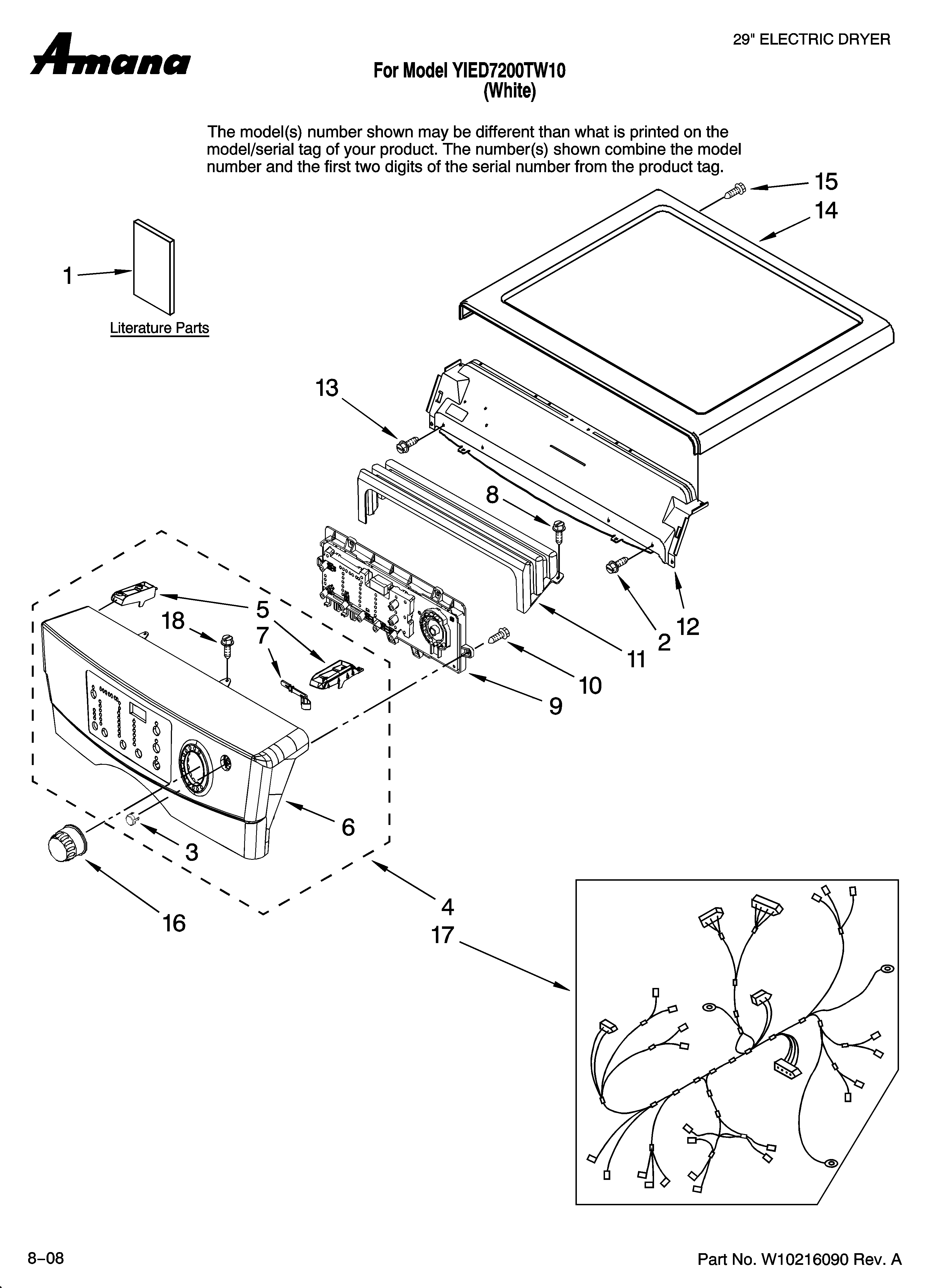 Inglis YIED7200TW10 top and console parts diagram