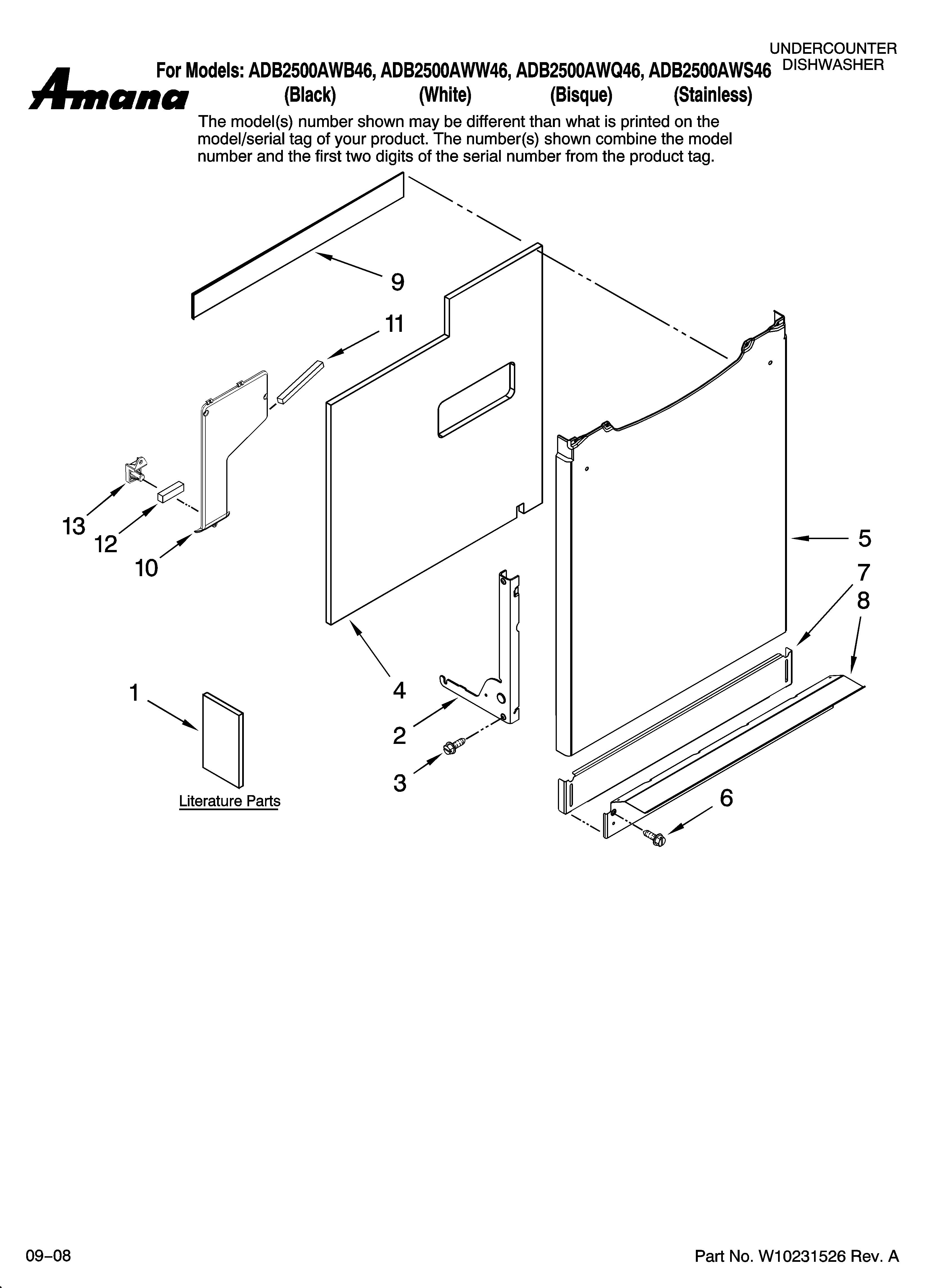 Amana ADB2500AWB46 door and panel parts diagram