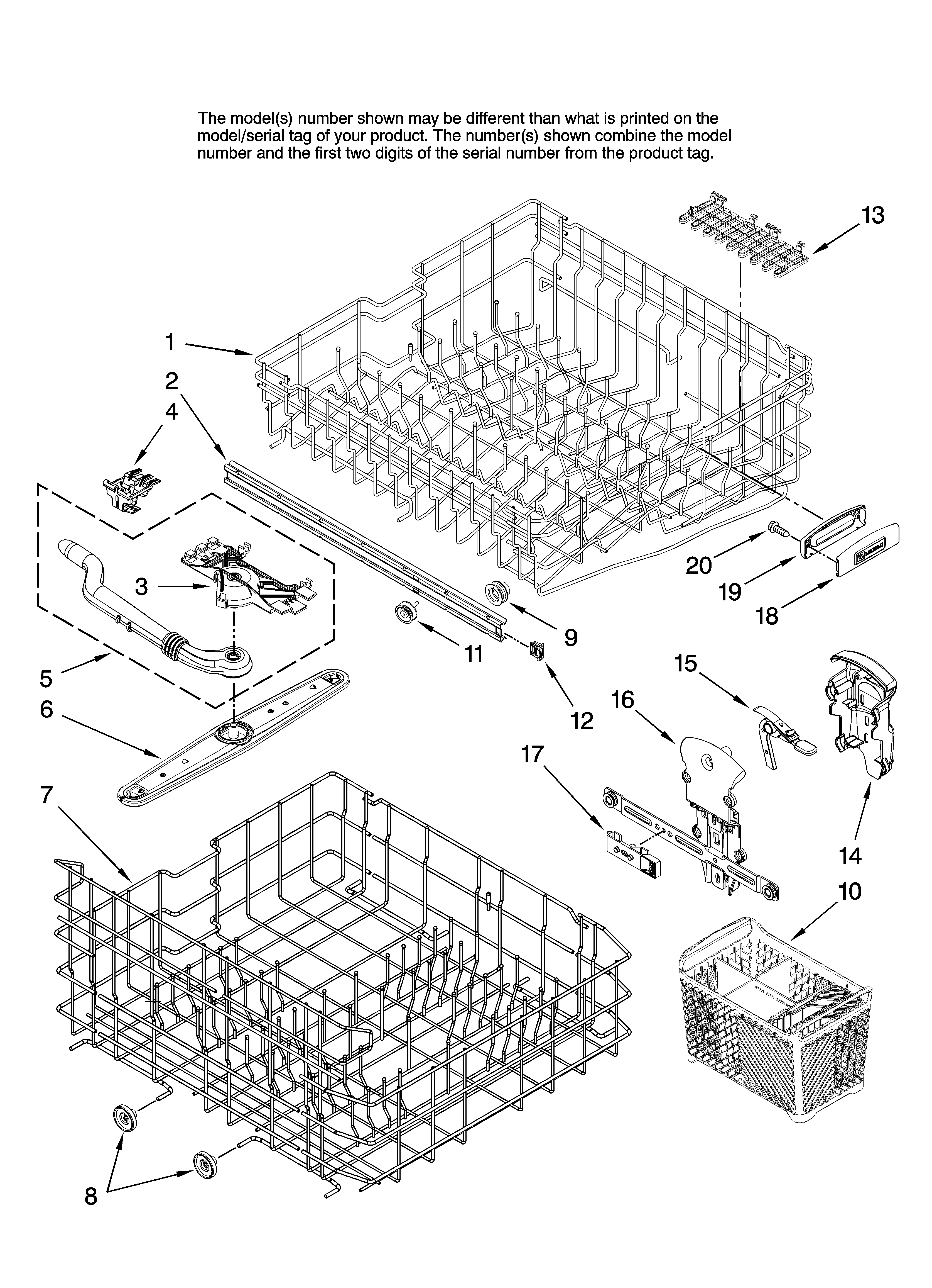 Maytag MDB6601AWS46 upper and lower rack parts diagram