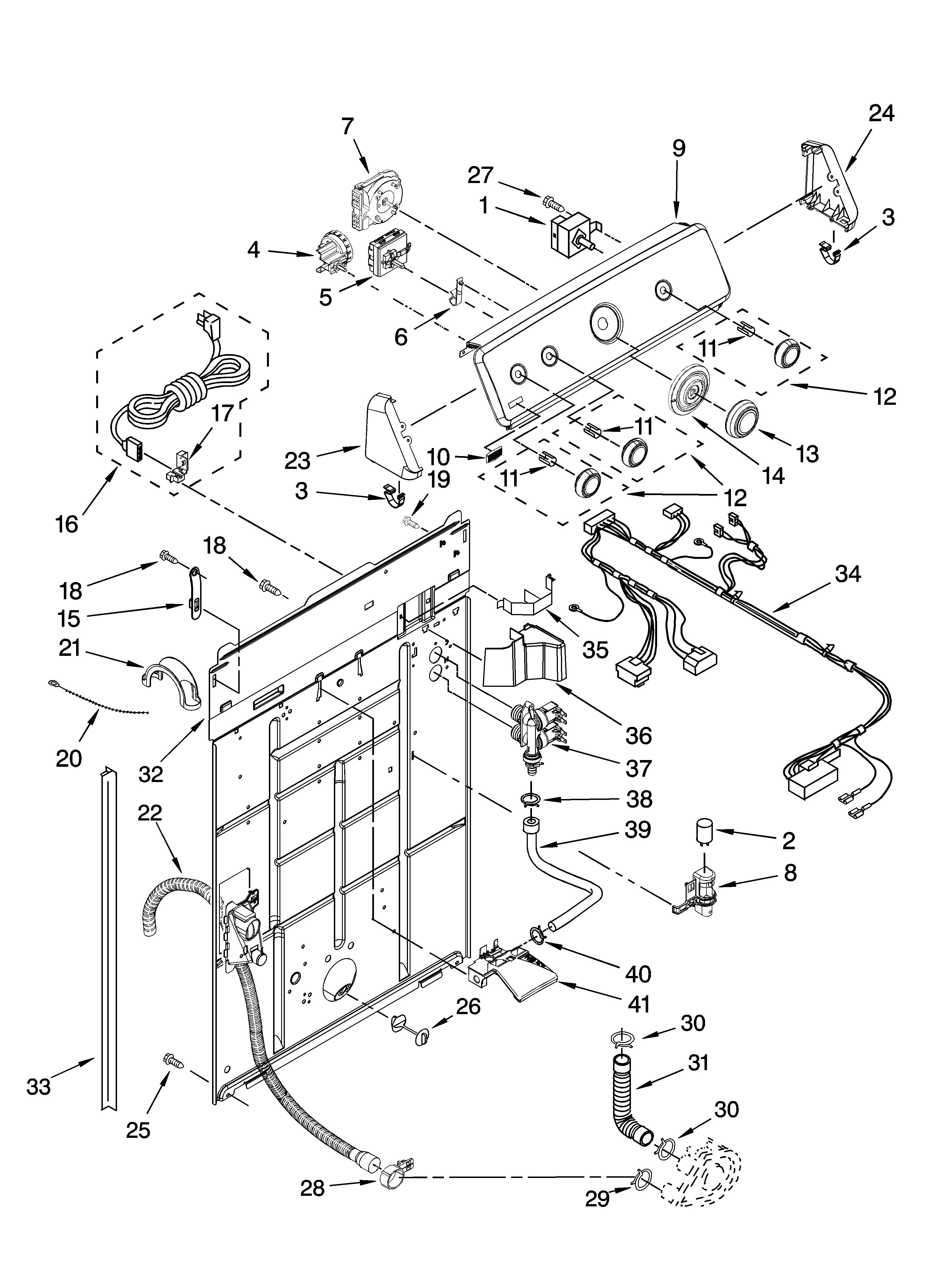 Maytag MVWC500VW0 controls and rear panel parts diagram