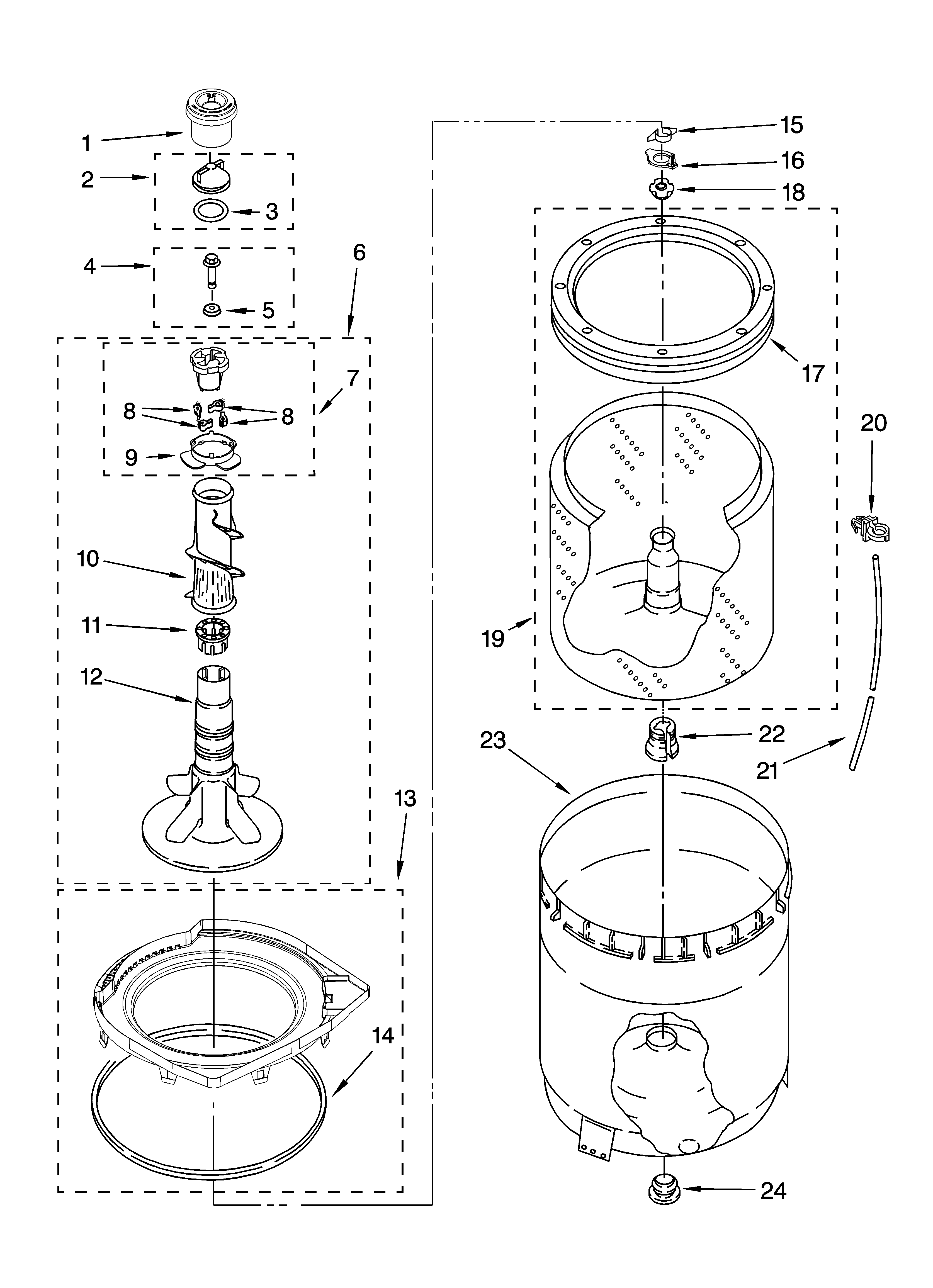 Maytag MVWC500VW0 agitator, basket and tub parts diagram