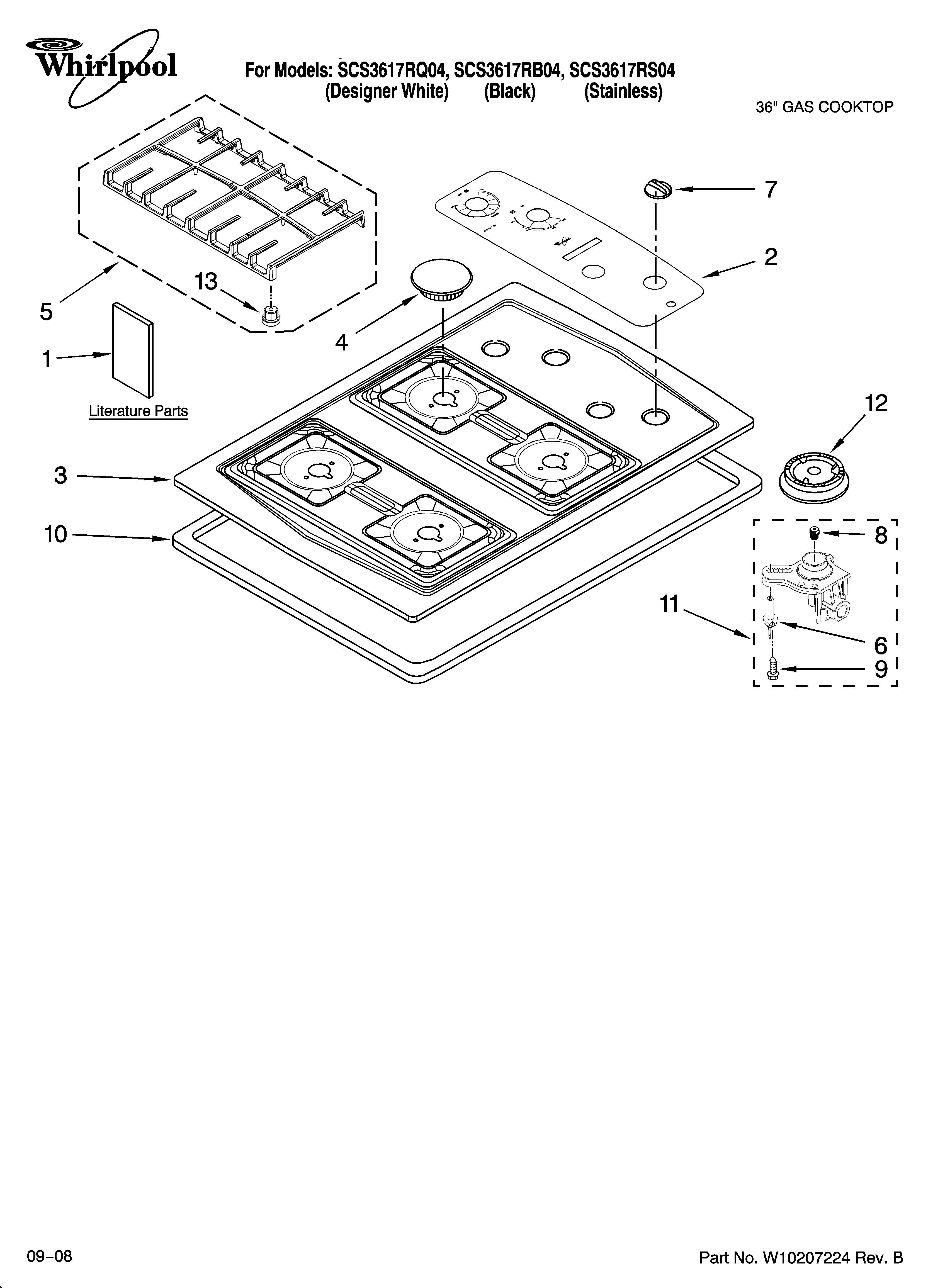 Whirlpool SCS3617RB04 cooktop, burner and grate parts diagram