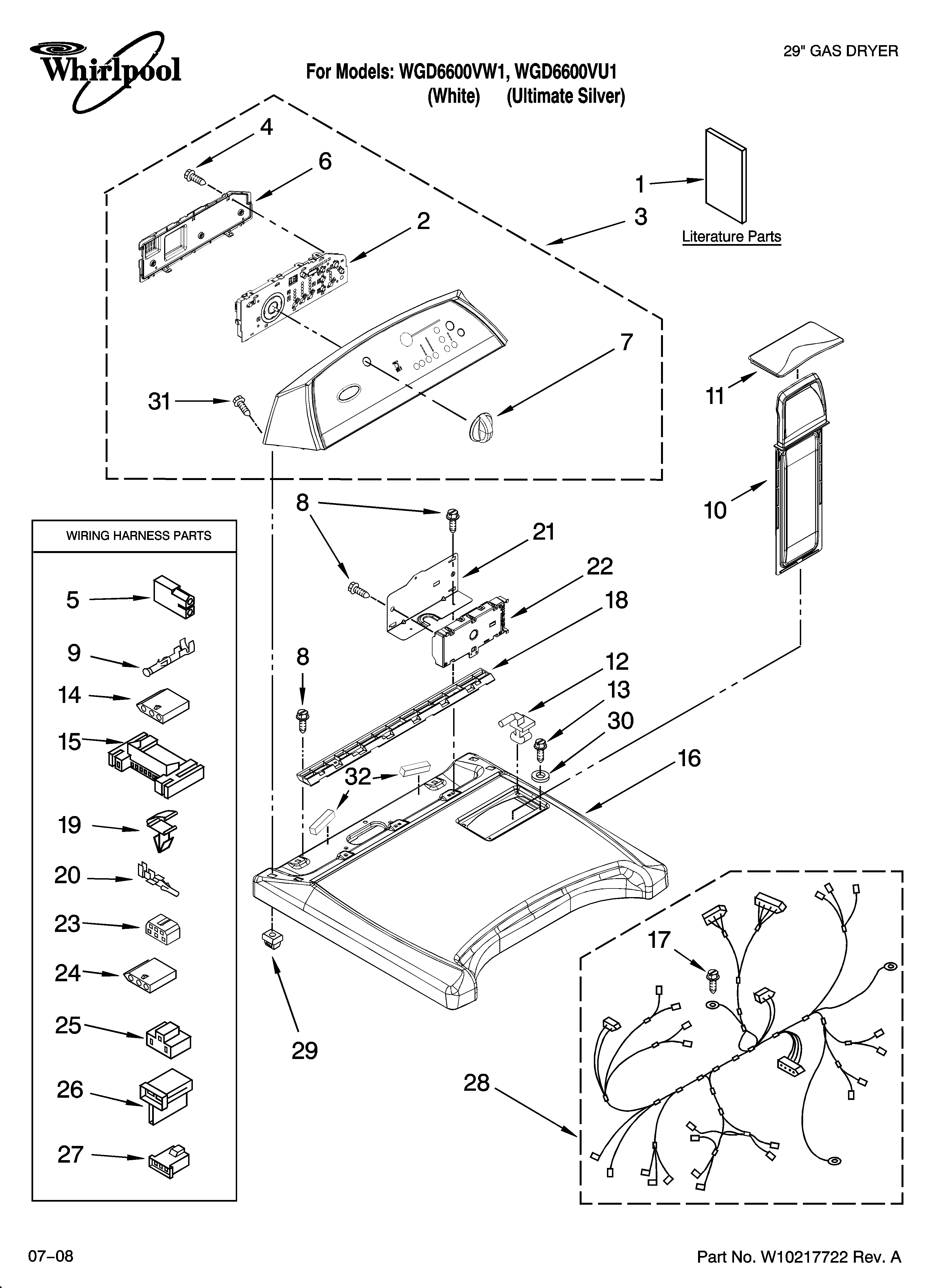 Whirlpool WGD6600VU1 top and console parts diagram