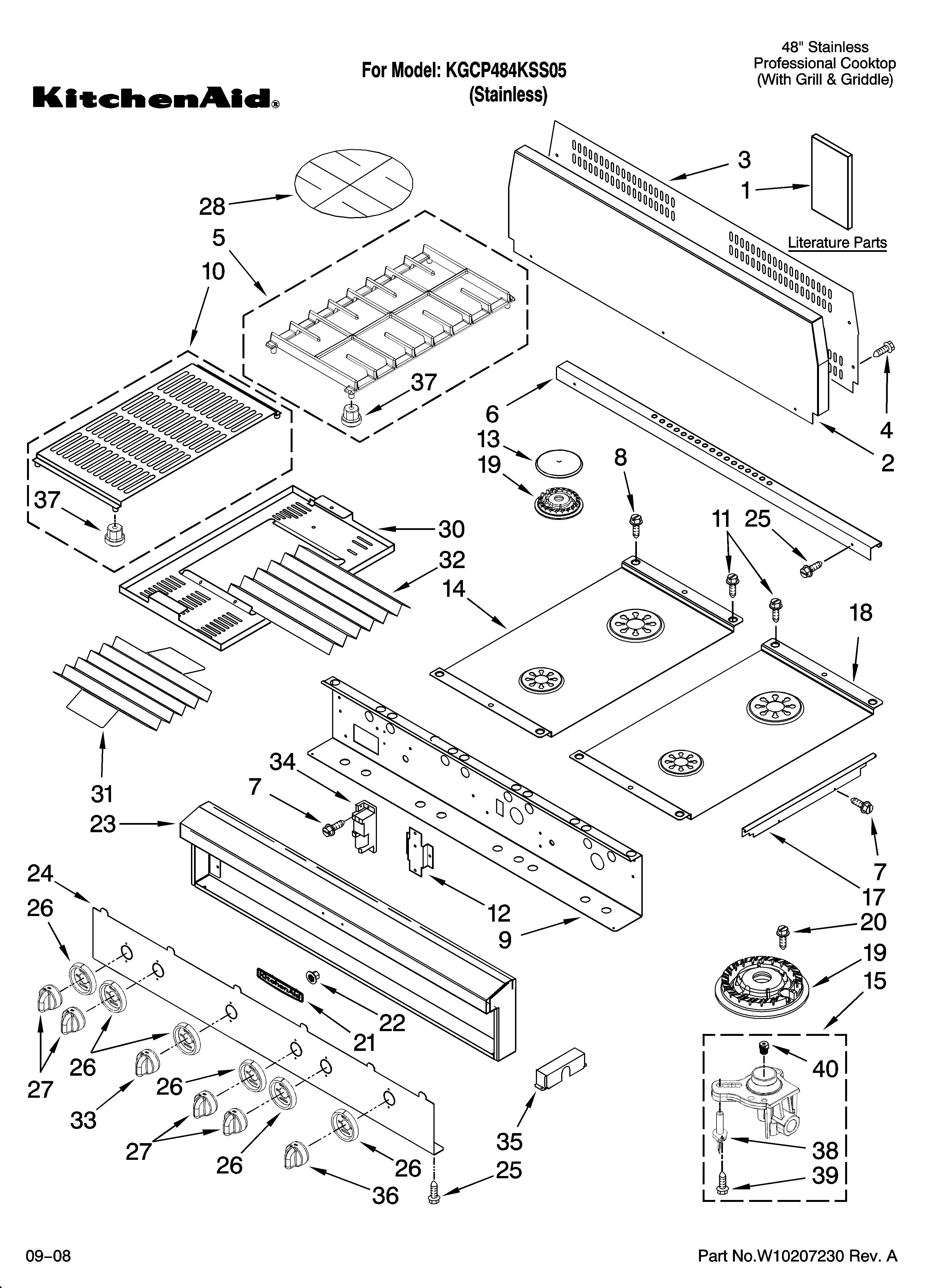 KitchenAid KGCP484KSS05 cooktop, burner and grate parts diagram