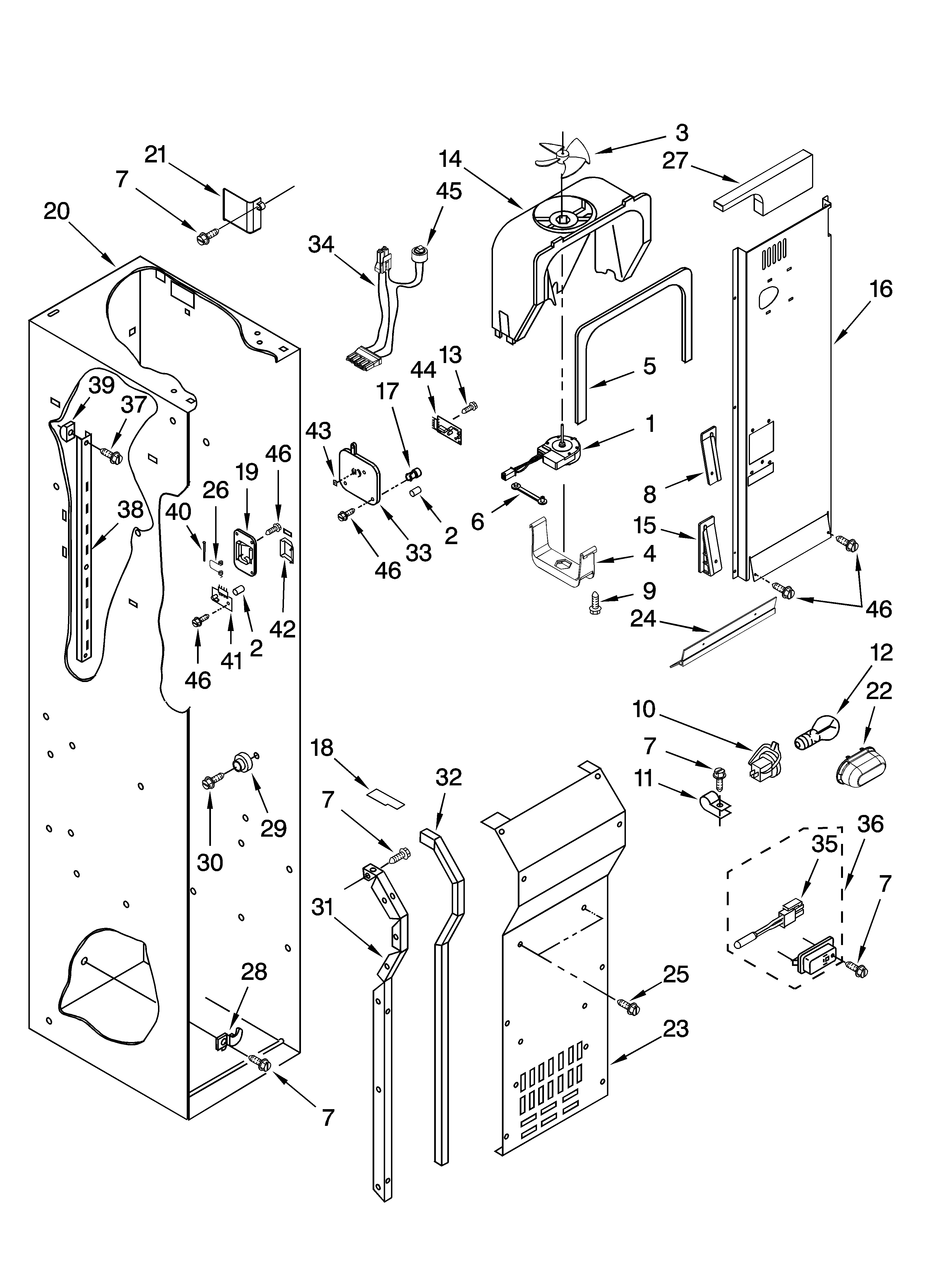 KitchenAid KSSO36QTB03 freezer liner and air flow parts diagram