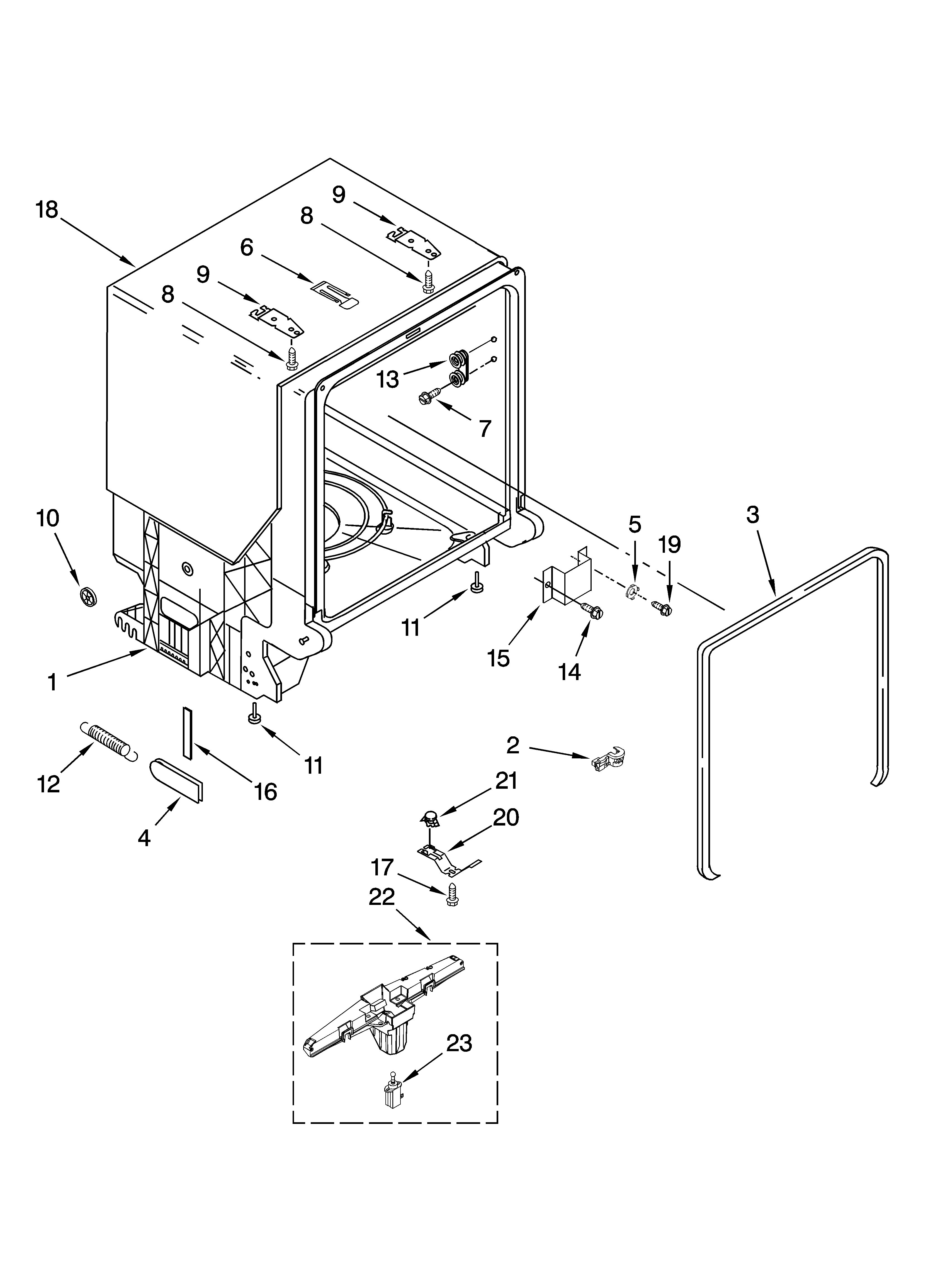 Whirlpool 7GU2300XTVQ0 tub and frame parts diagram