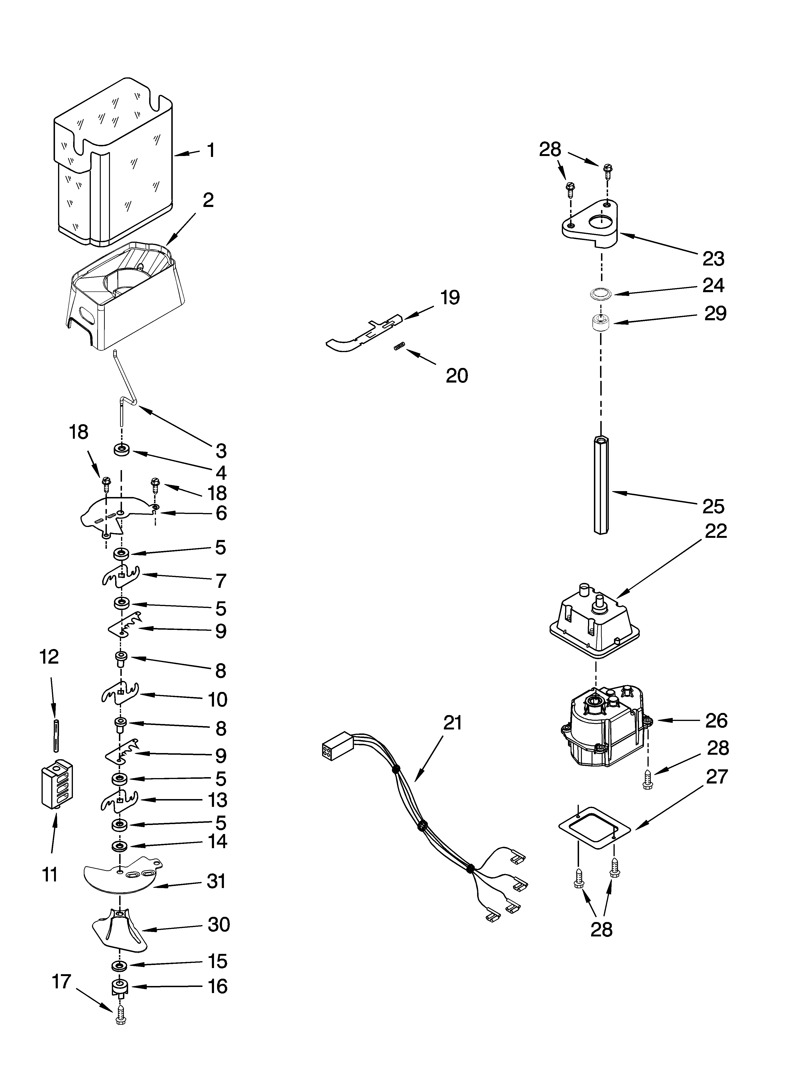Whirlpool GD5DHAXVQ03 motor and ice container parts diagram
