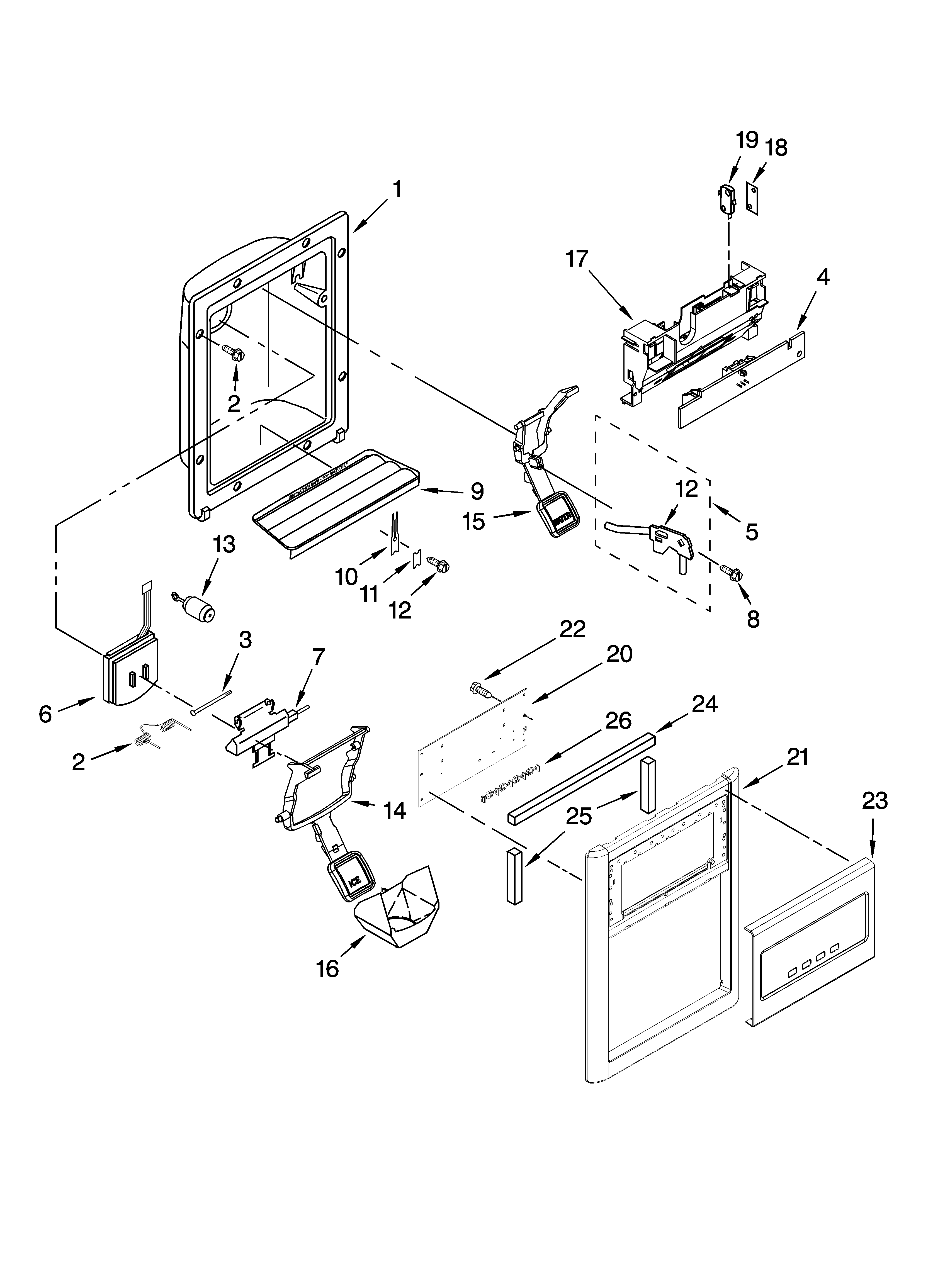 Whirlpool GD5DHAXVQ03 dispenser front parts diagram