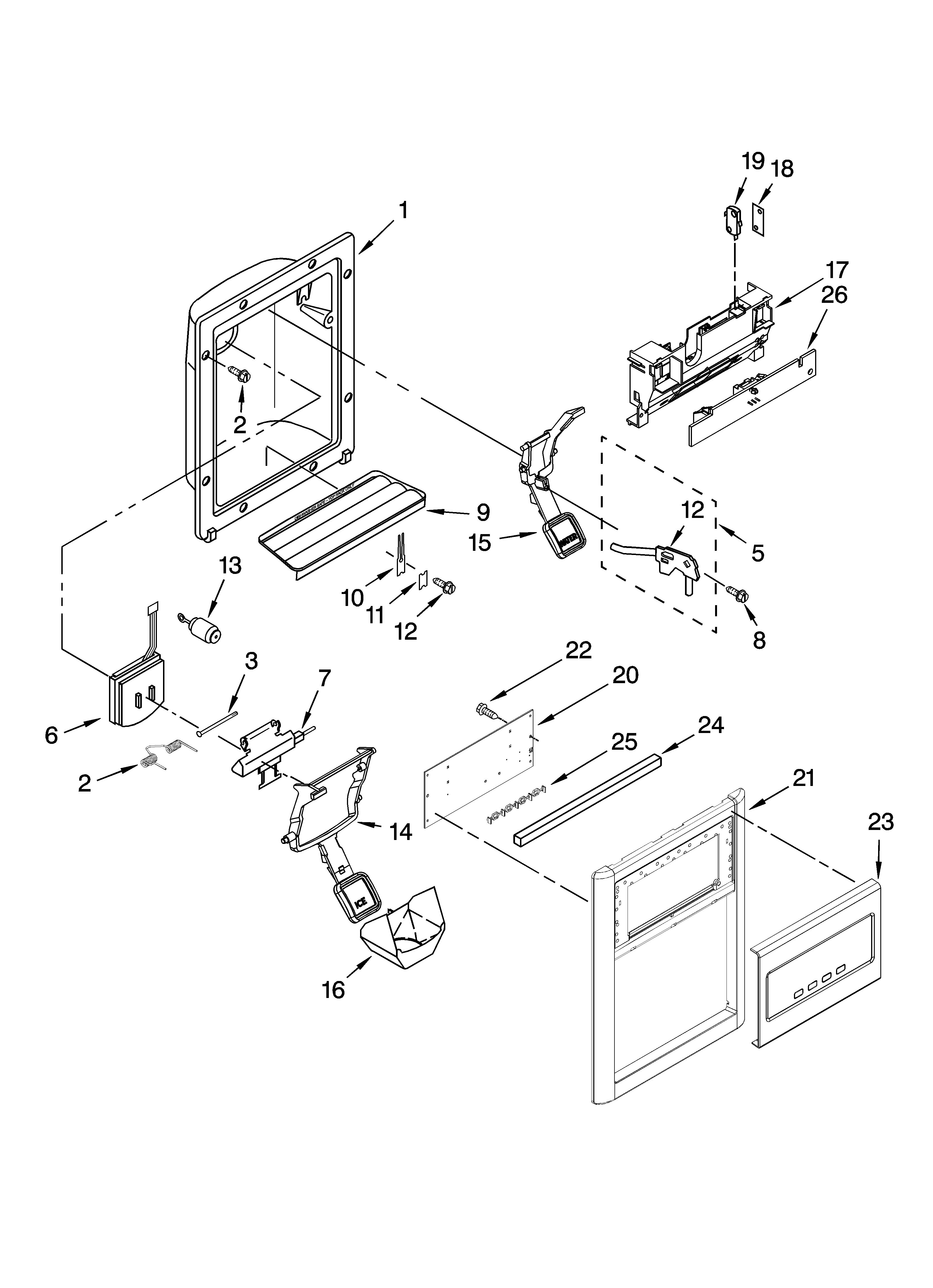 Whirlpool GS5DHAXVA01 dispenser front parts diagram