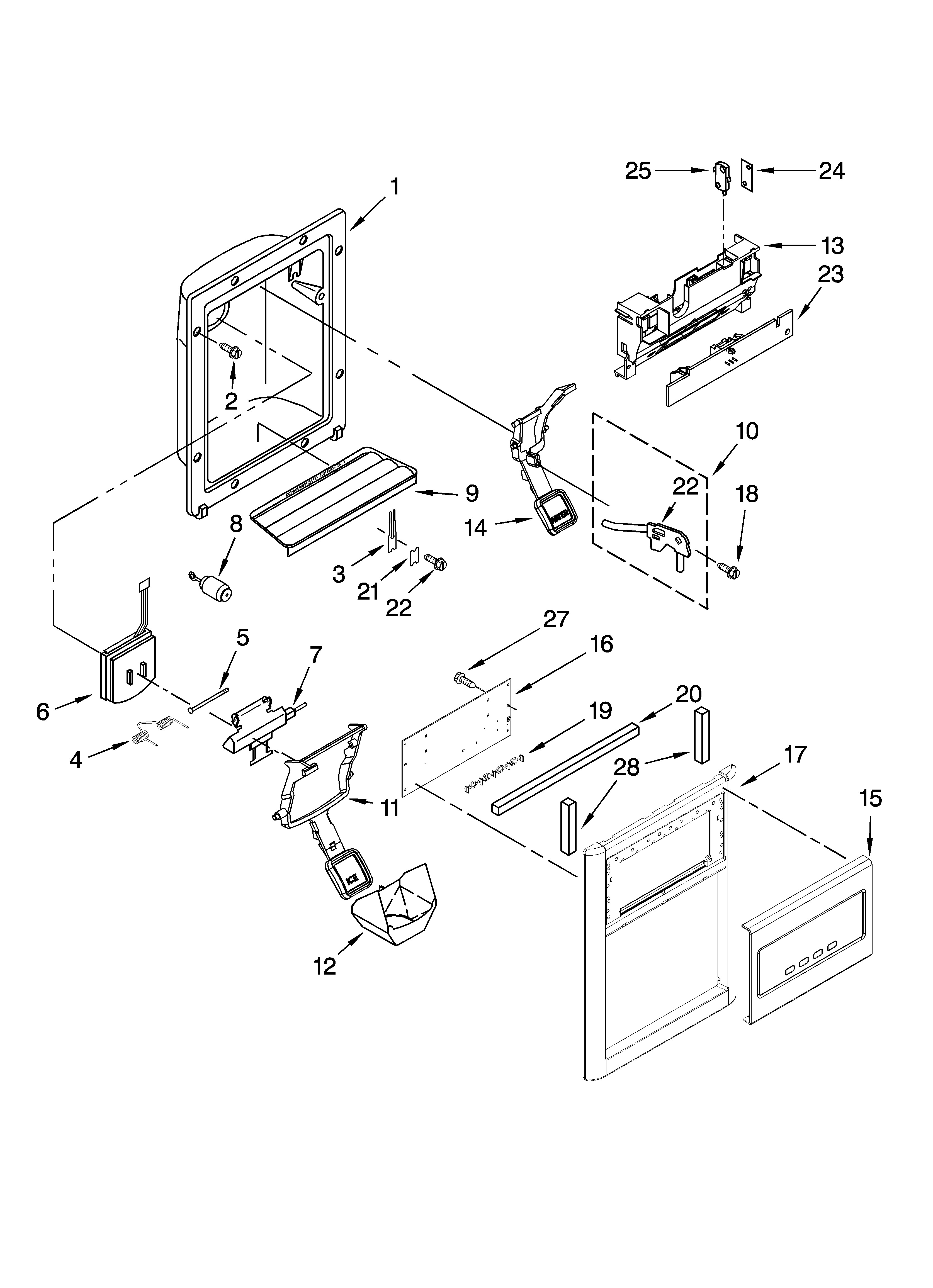 KitchenAid KSRK25FVMS01 dispenser front parts diagram