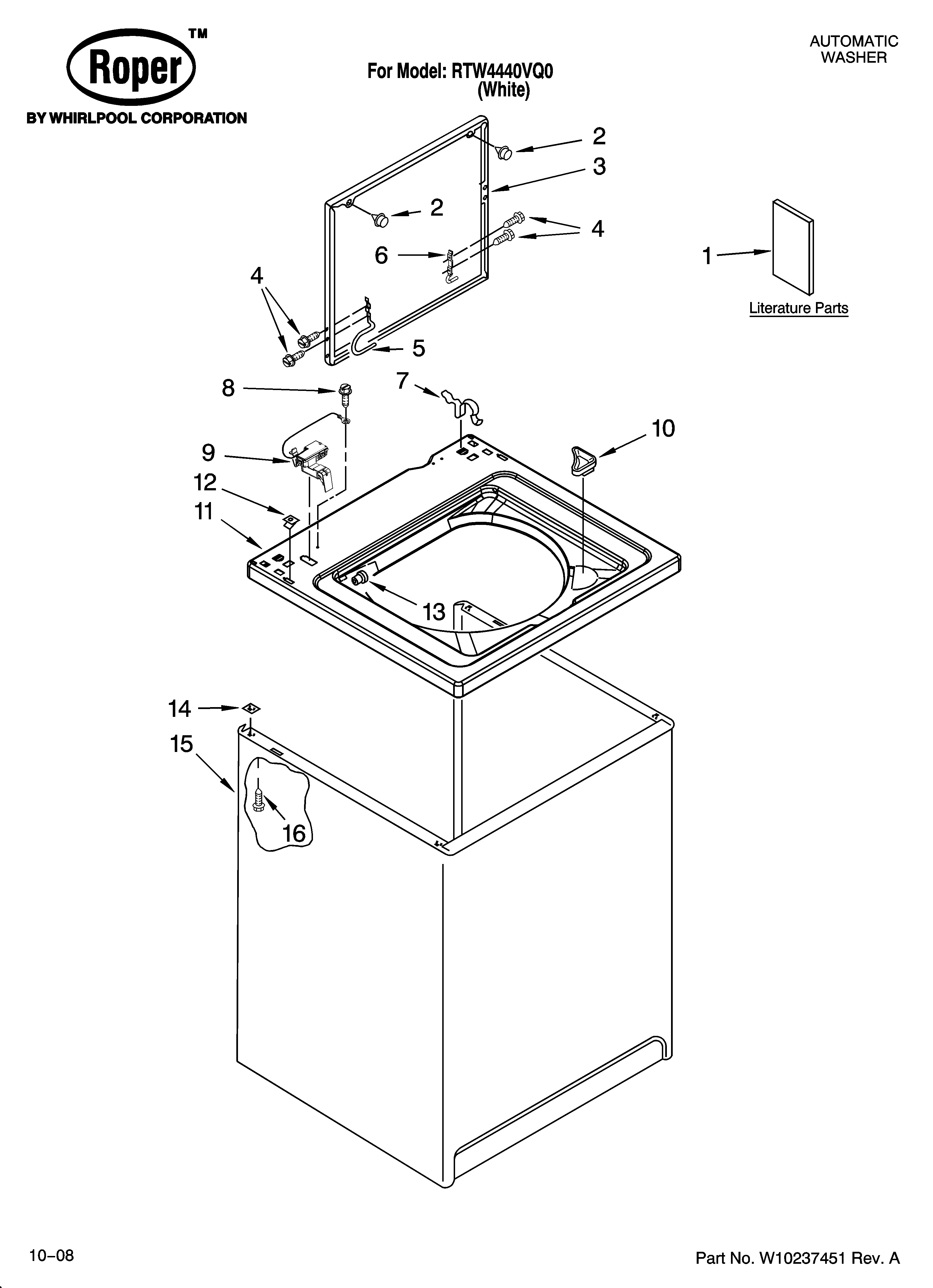 Roper RTW4440VQ0 top and cabinet parts diagram