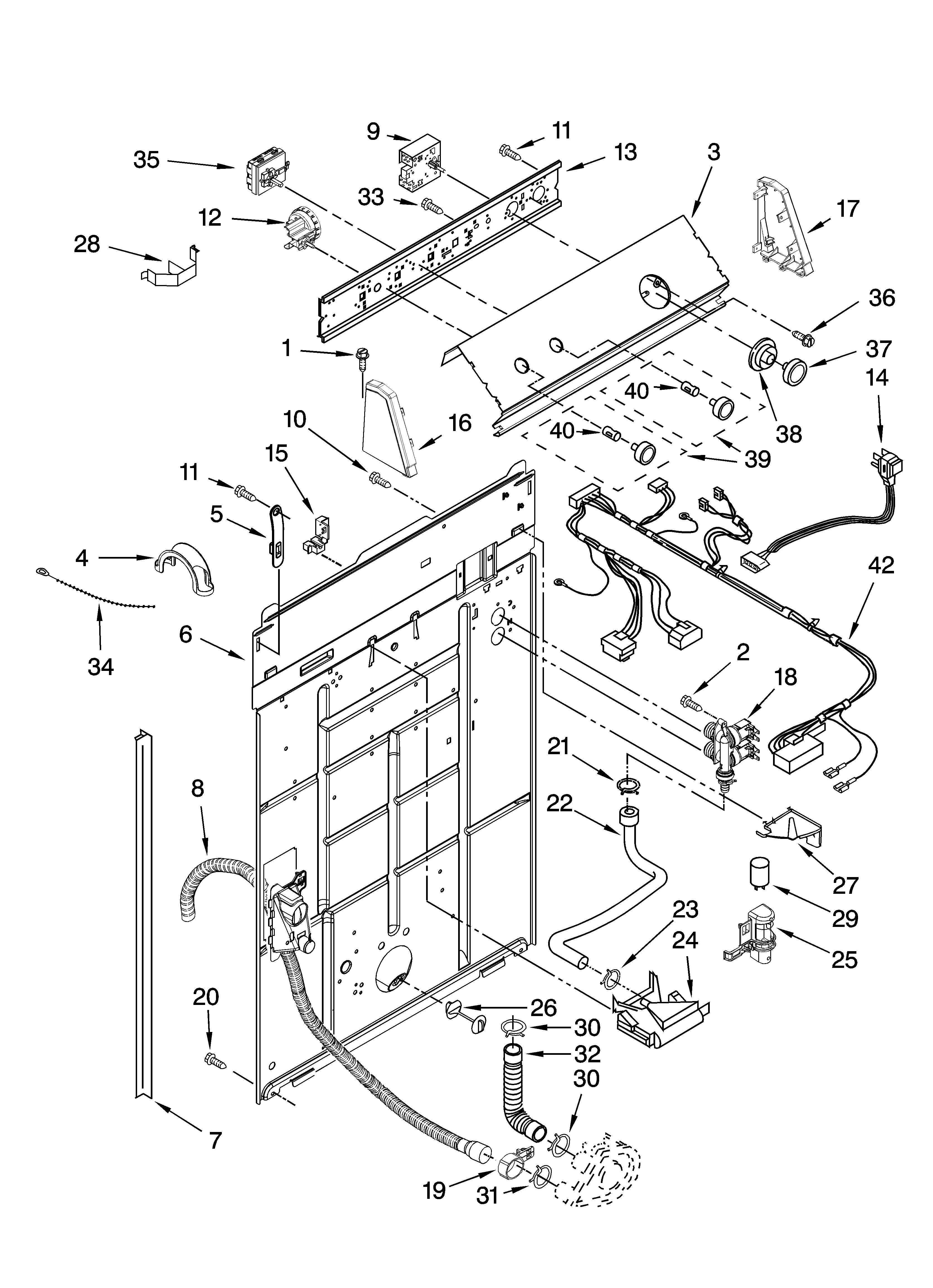 Roper RTW4440VQ0 controls and rear panel parts diagram