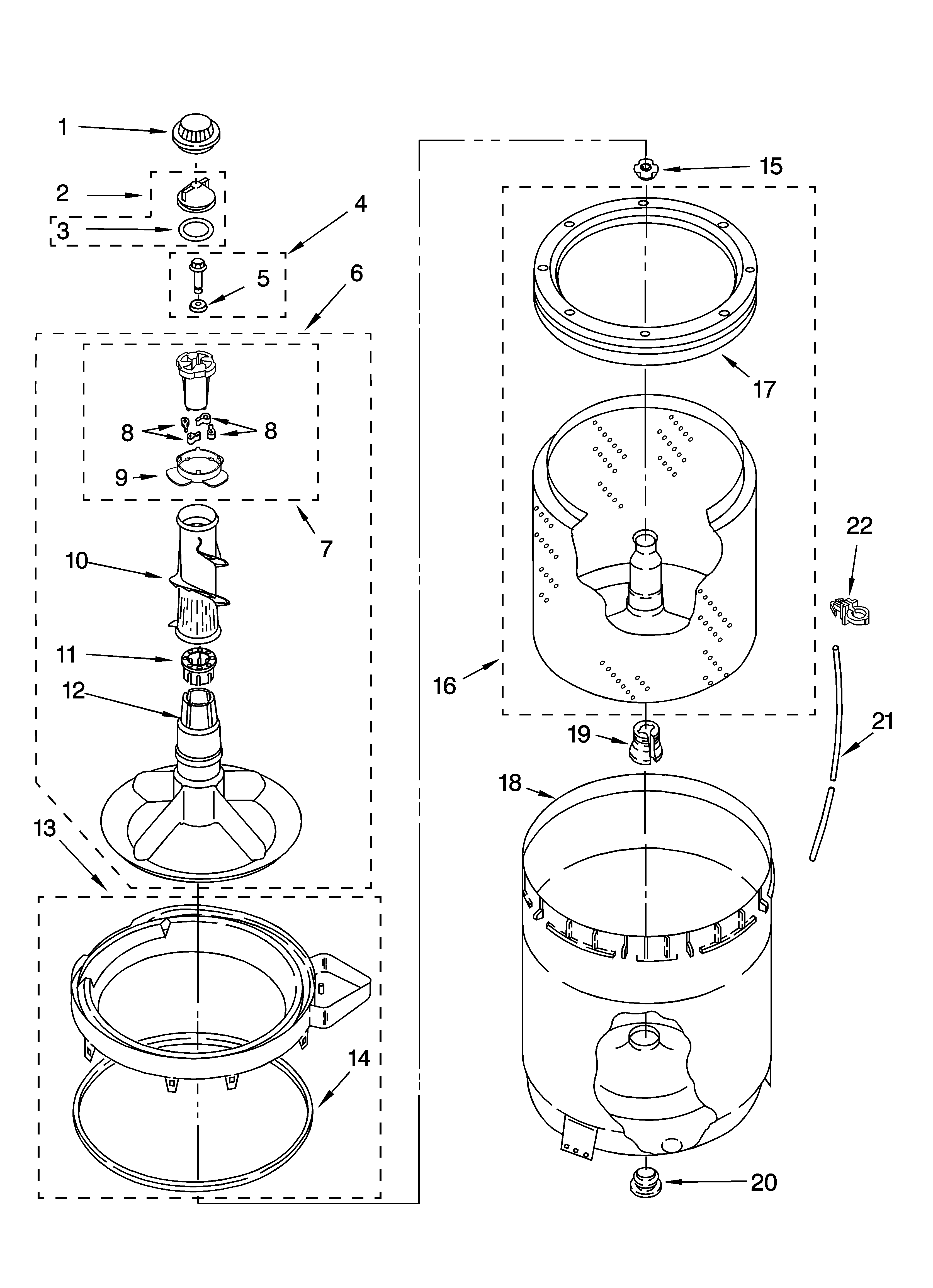 Roper RTW4440VQ0 agitator, basket and tub parts diagram