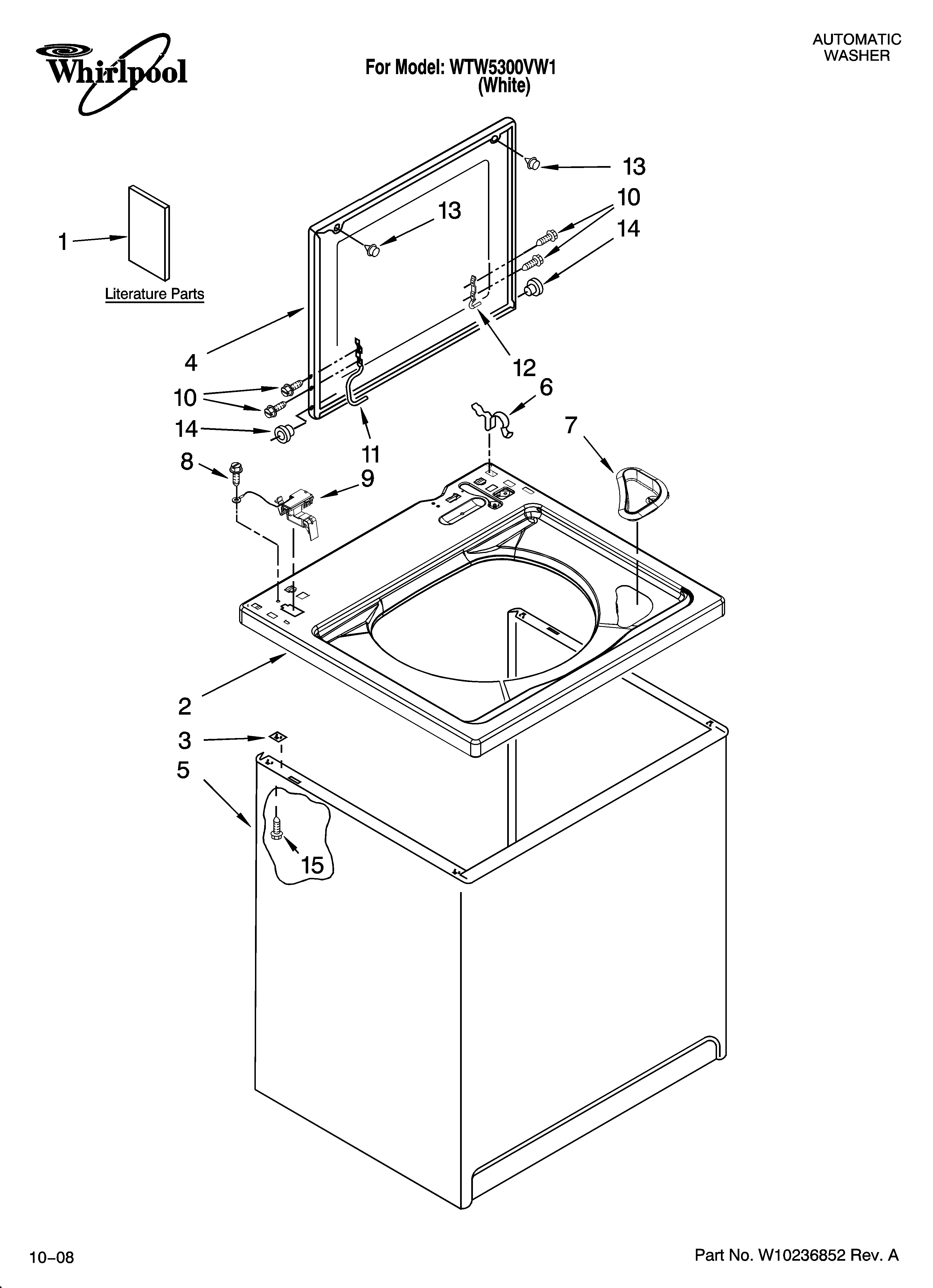 Whirlpool WTW5300VW1 top and cabinet parts diagram
