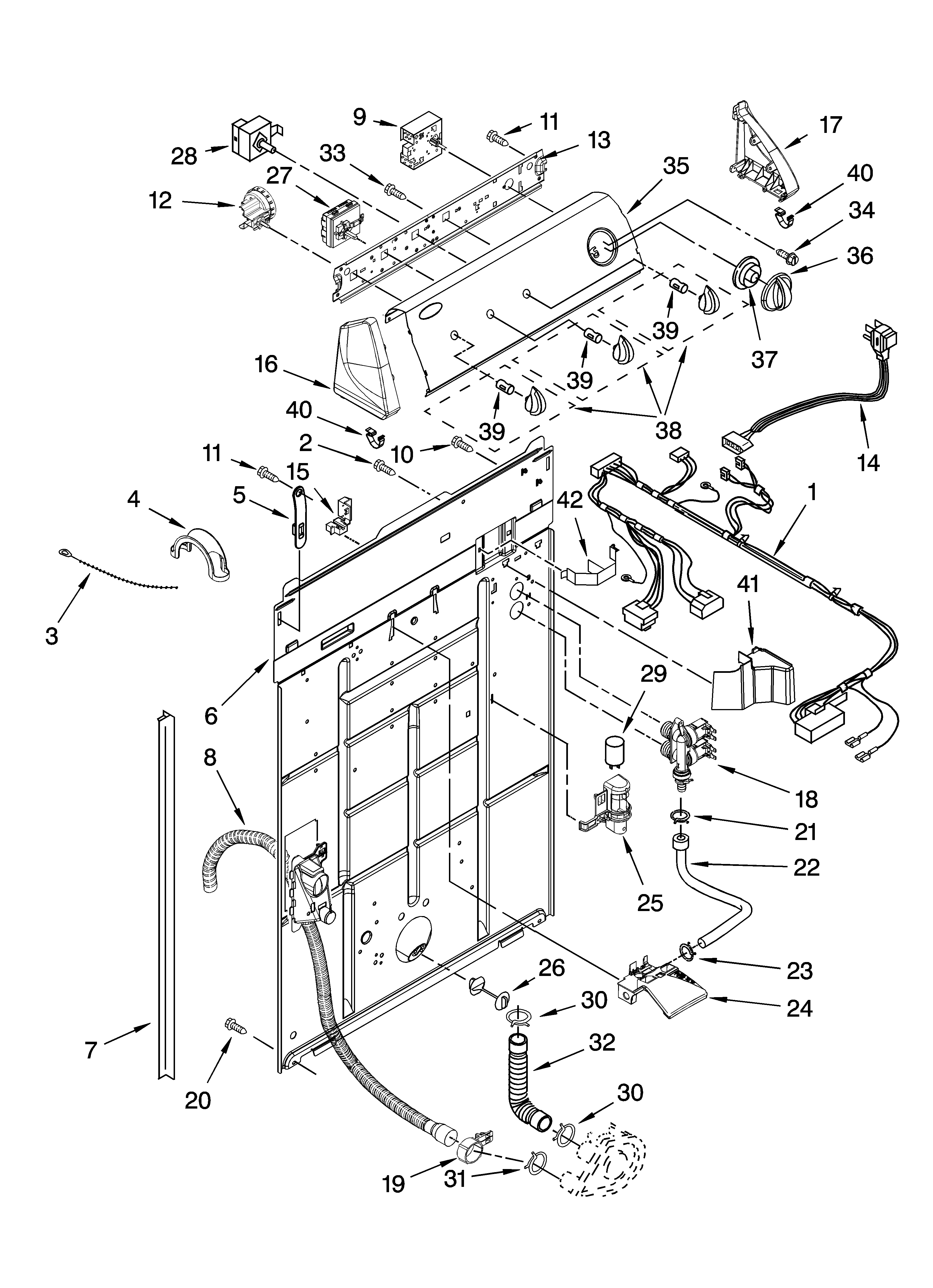 Whirlpool WTW5300VW1 controls and rear panel parts diagram