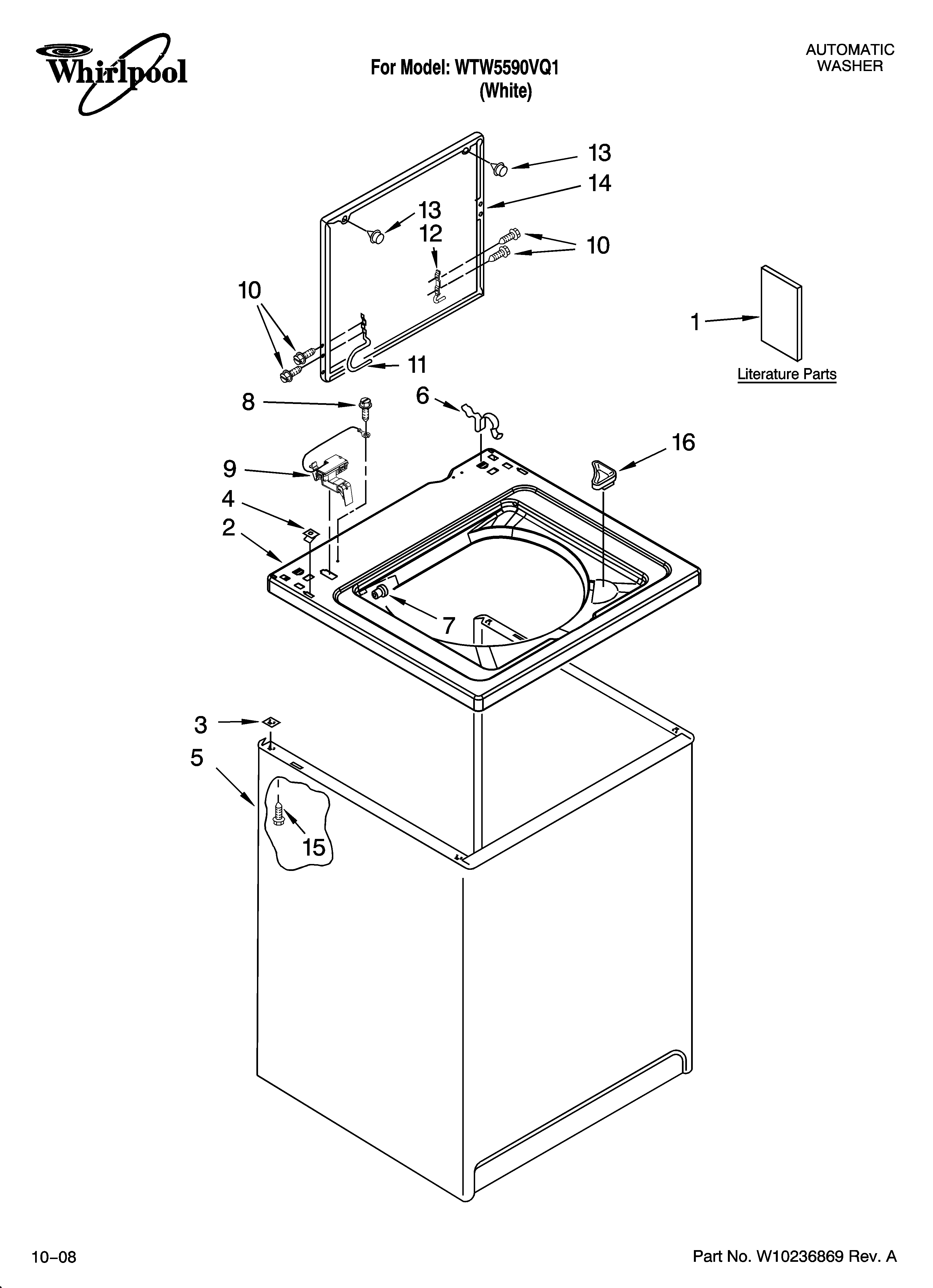 Whirlpool WTW5590VQ1 top and cabinet parts diagram