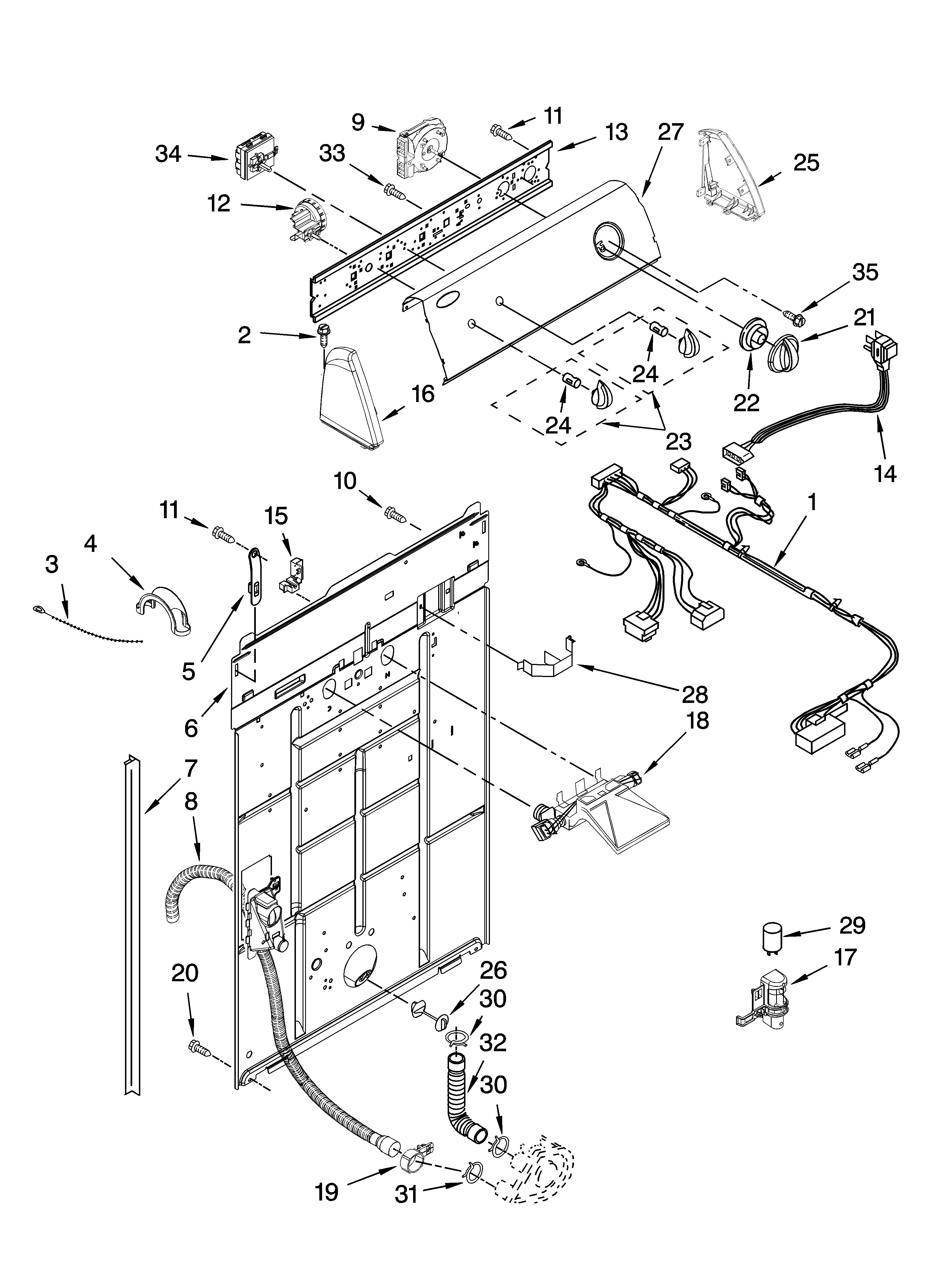 Whirlpool WTW5590VQ1 controls and rear panel parts diagram