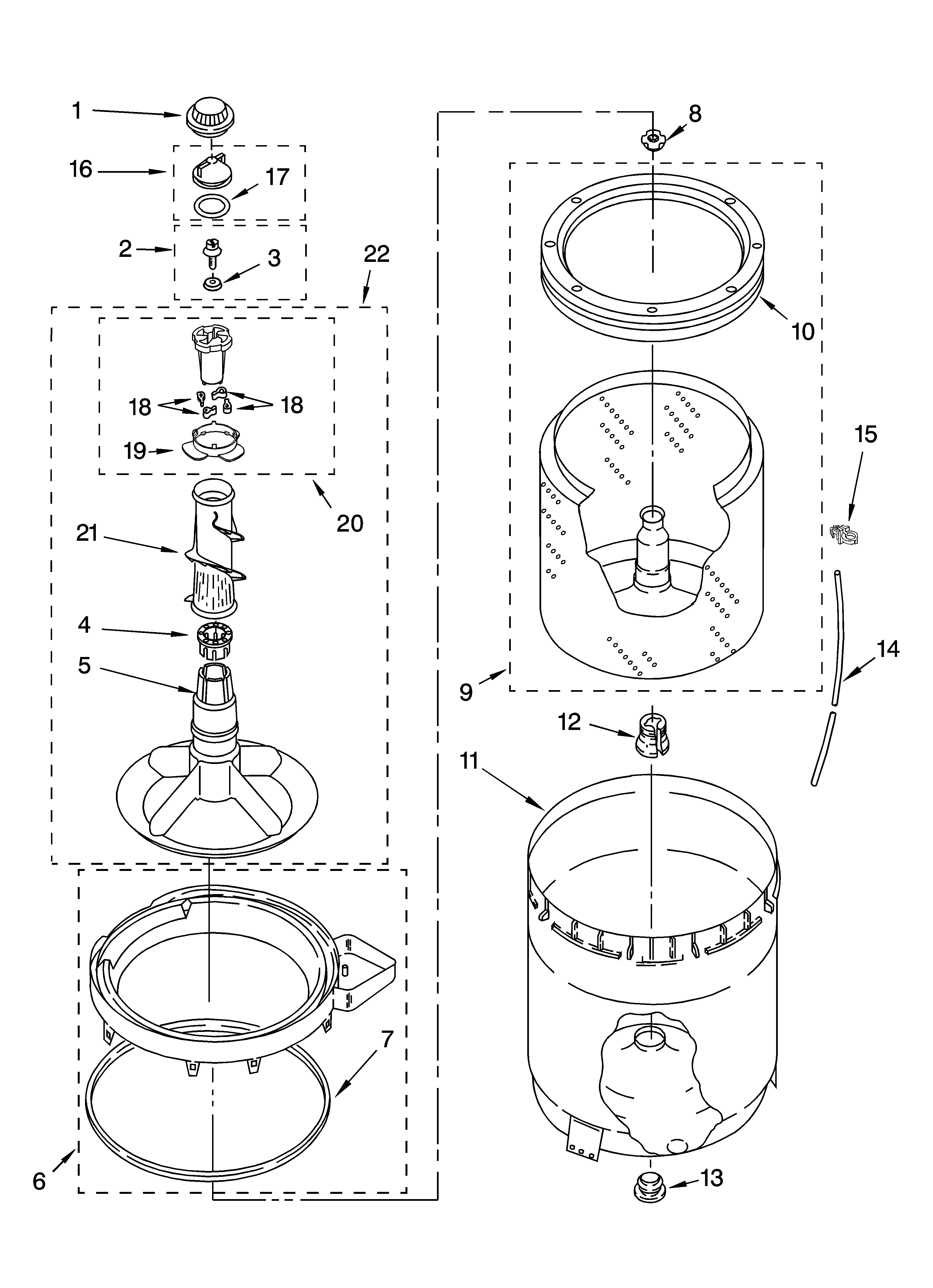 Whirlpool WTW5590VQ1 agitator, basket and tub parts diagram