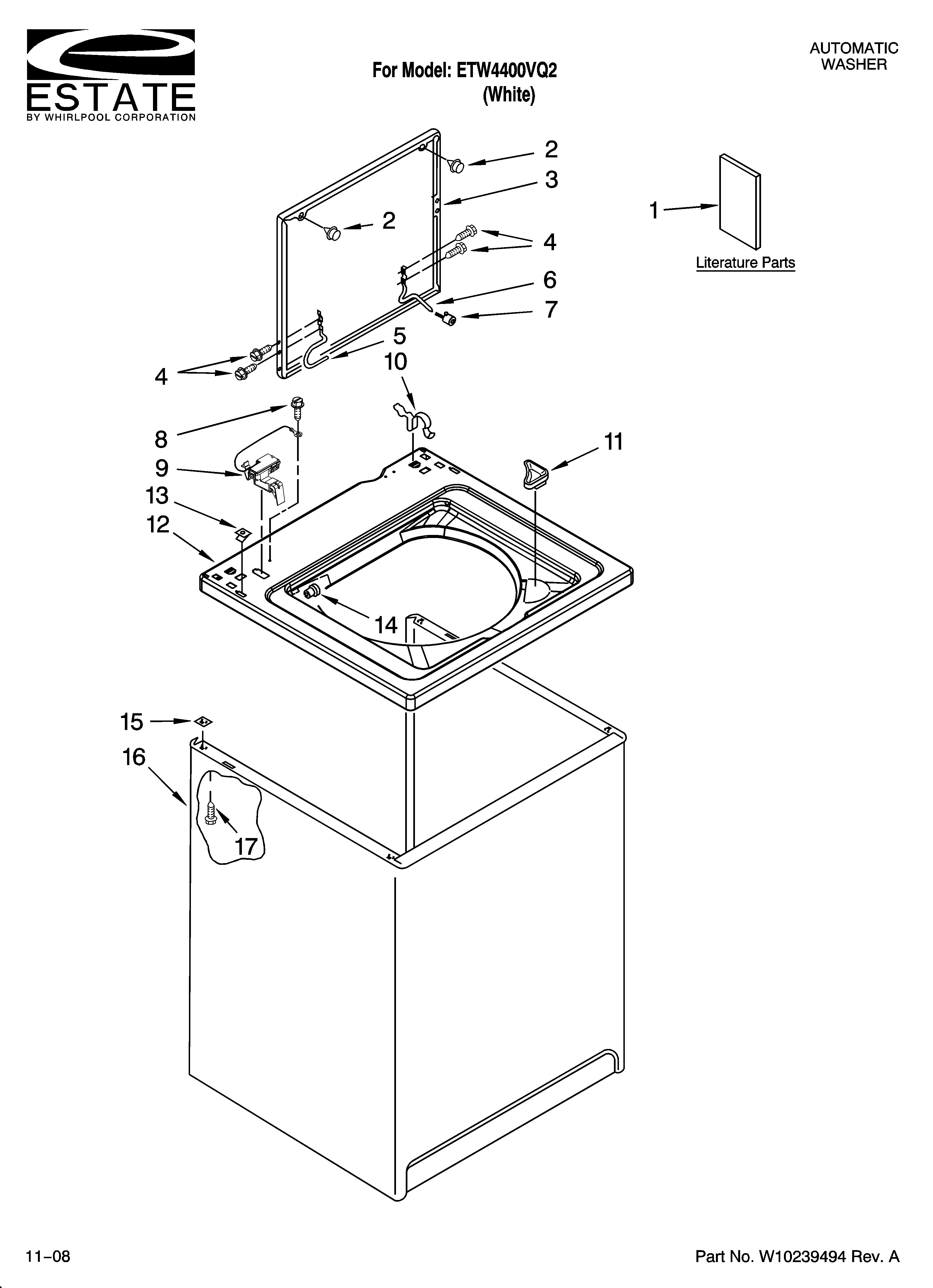 Estate ETW4400VQ2 top and cabinet parts diagram