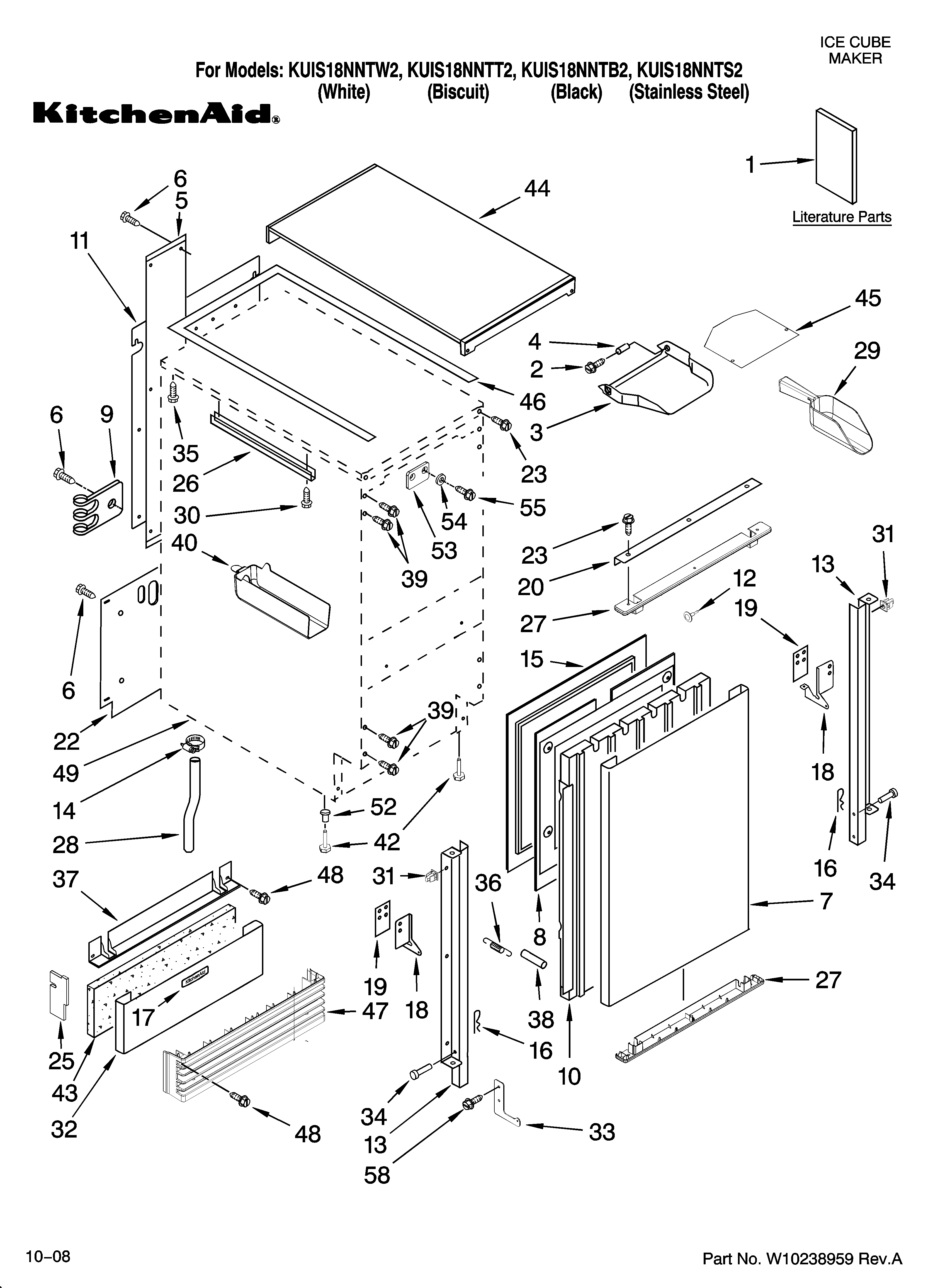 KitchenAid KUIS18NNTW2 cabinet liner and door parts diagram