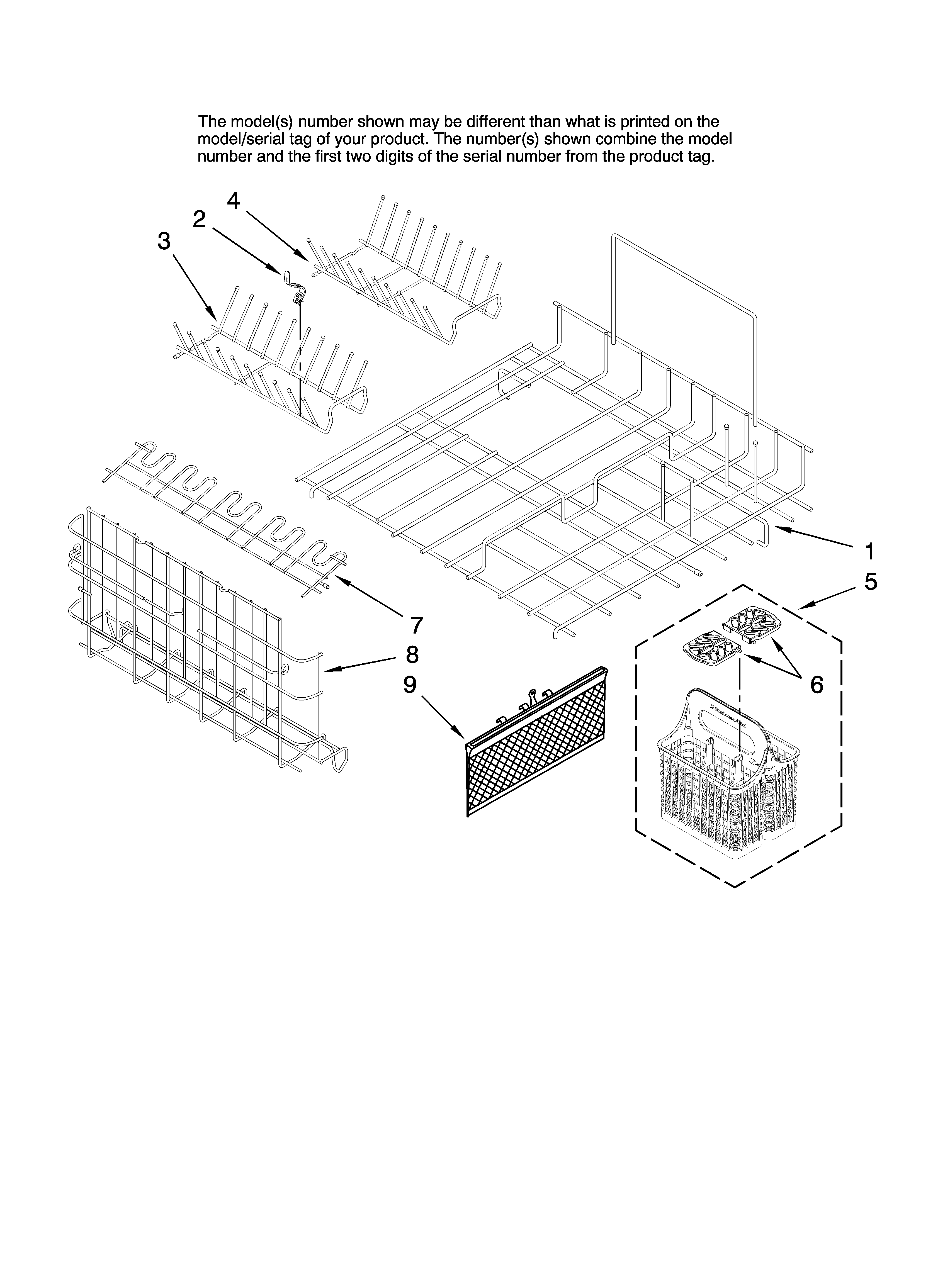 KitchenAid KUDD03DTSS0 upper and lower dishrack parts diagram