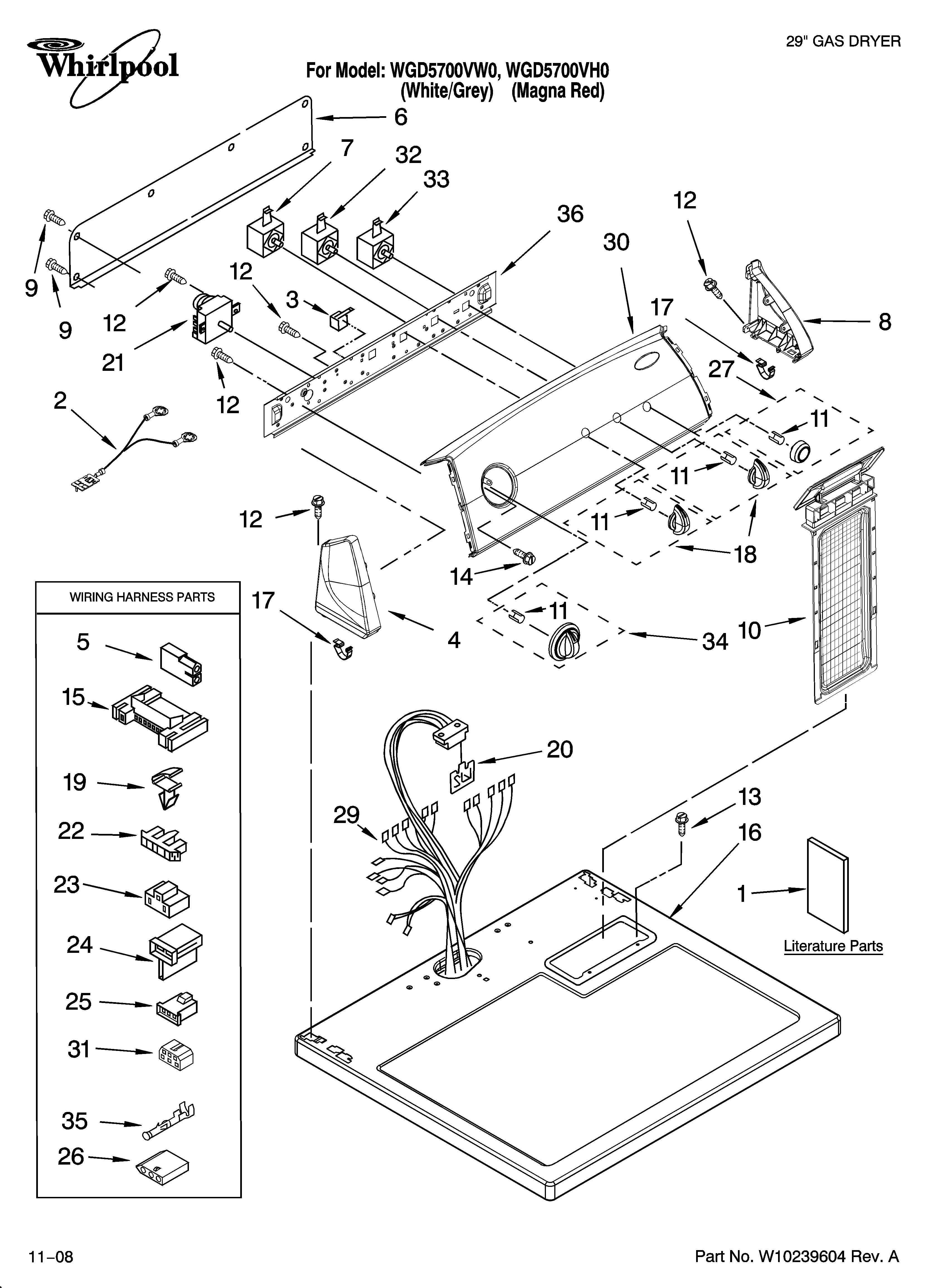 Whirlpool WGD5700VH0 top and console parts diagram