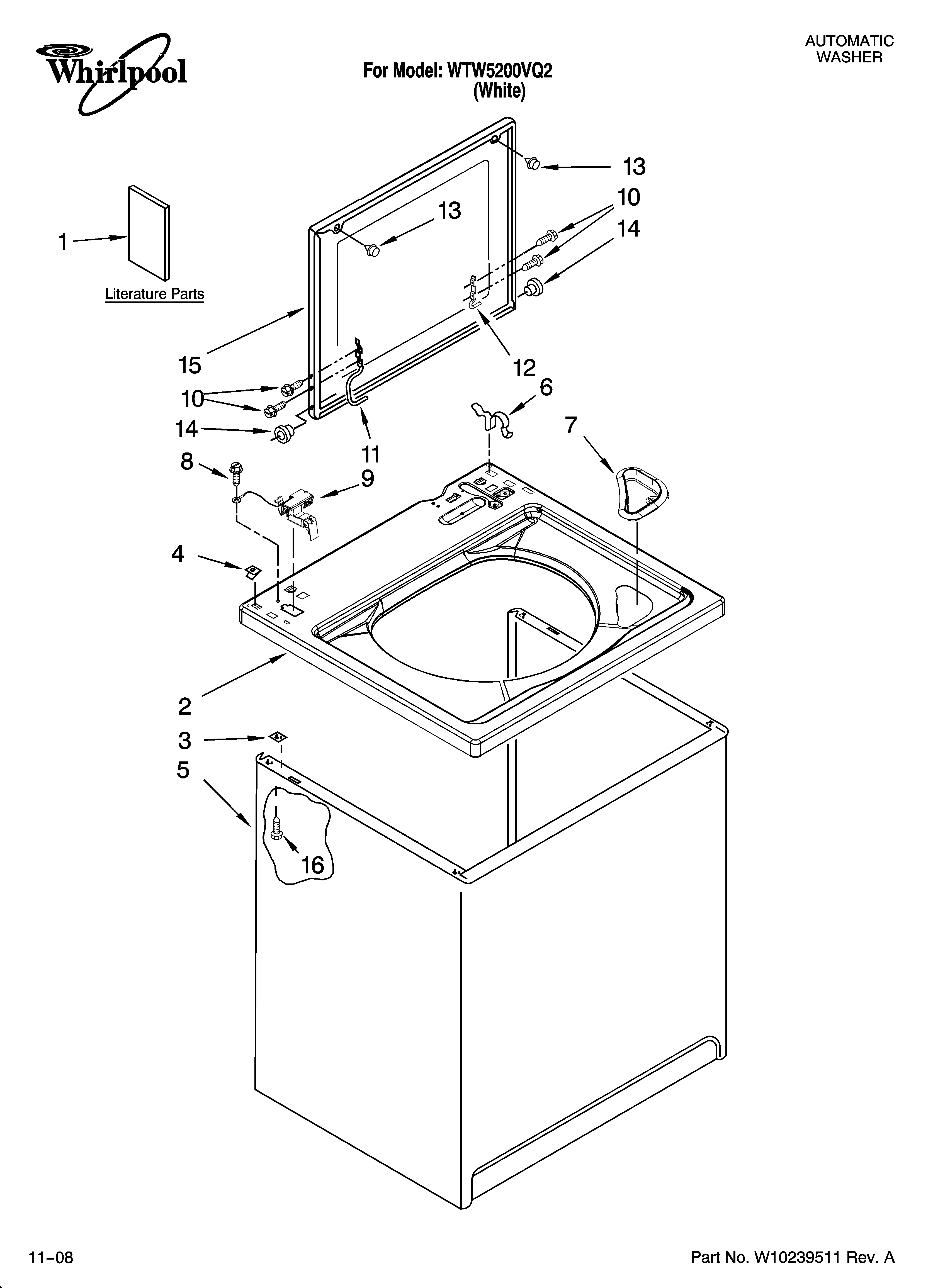 Whirlpool WTW5200VQ2 top and cabinet parts diagram