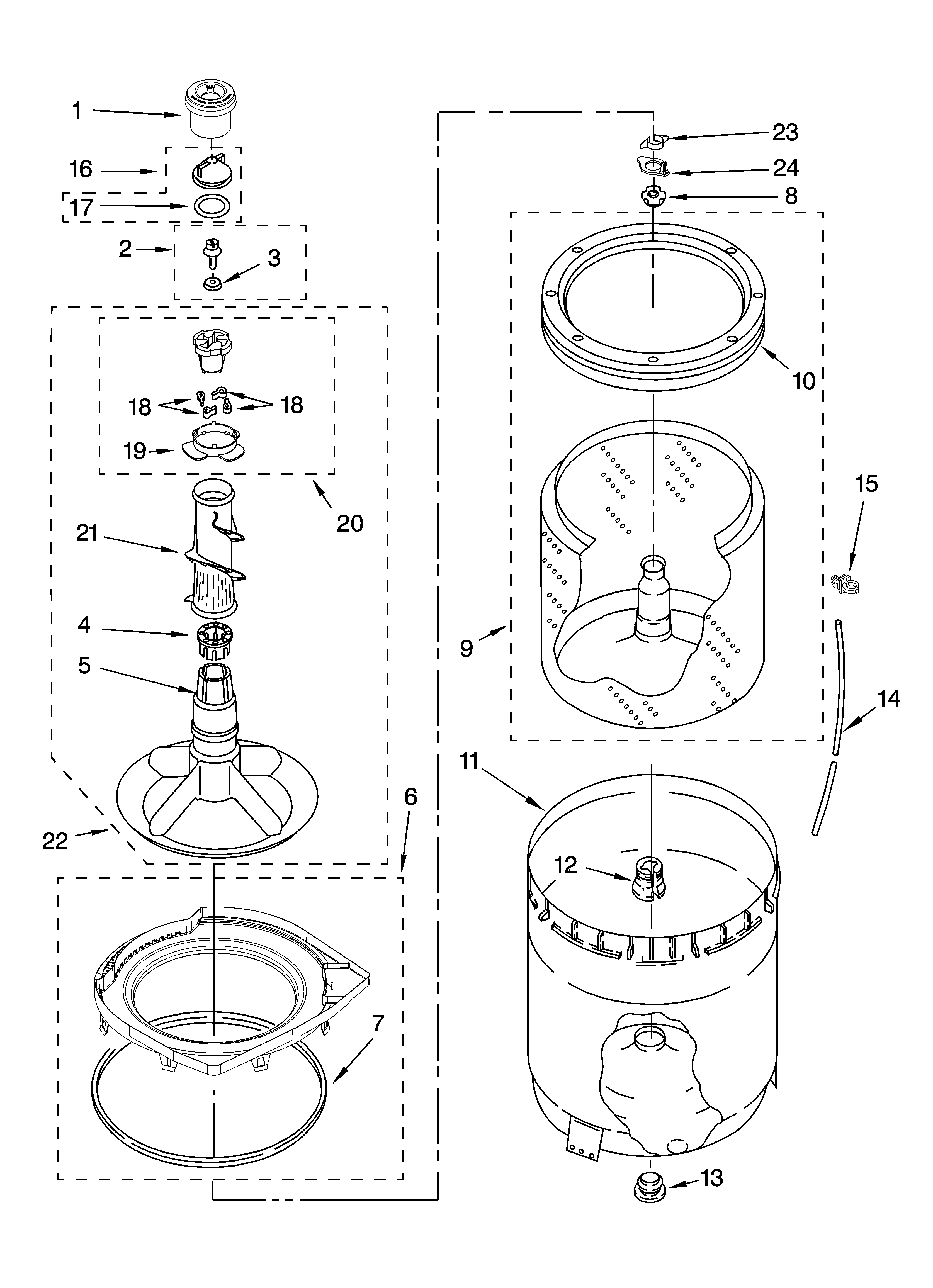 Whirlpool WTW5200VQ2 agitator, basket and tub parts diagram