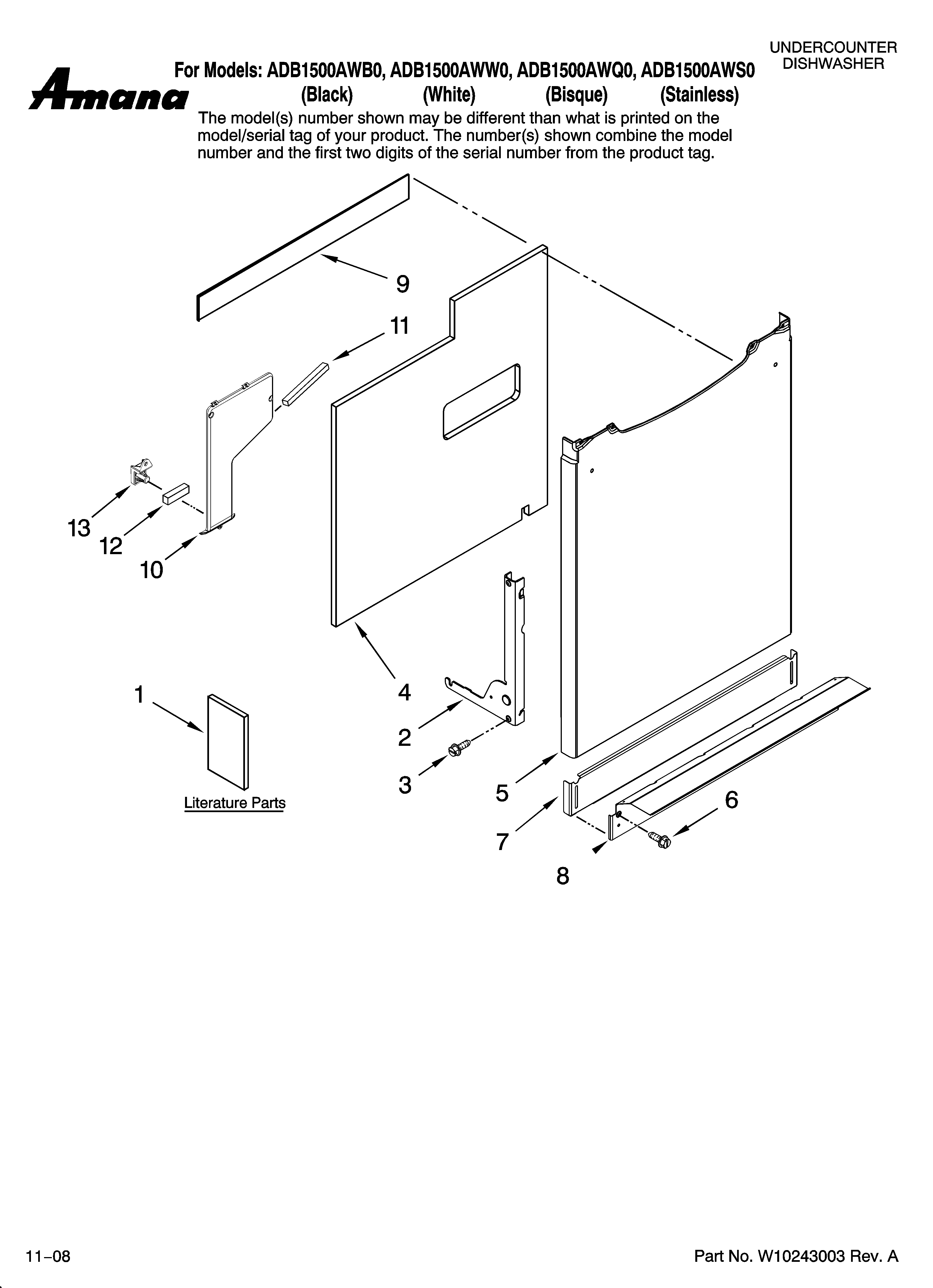 Amana ADB1500AWS0 door and panel parts diagram