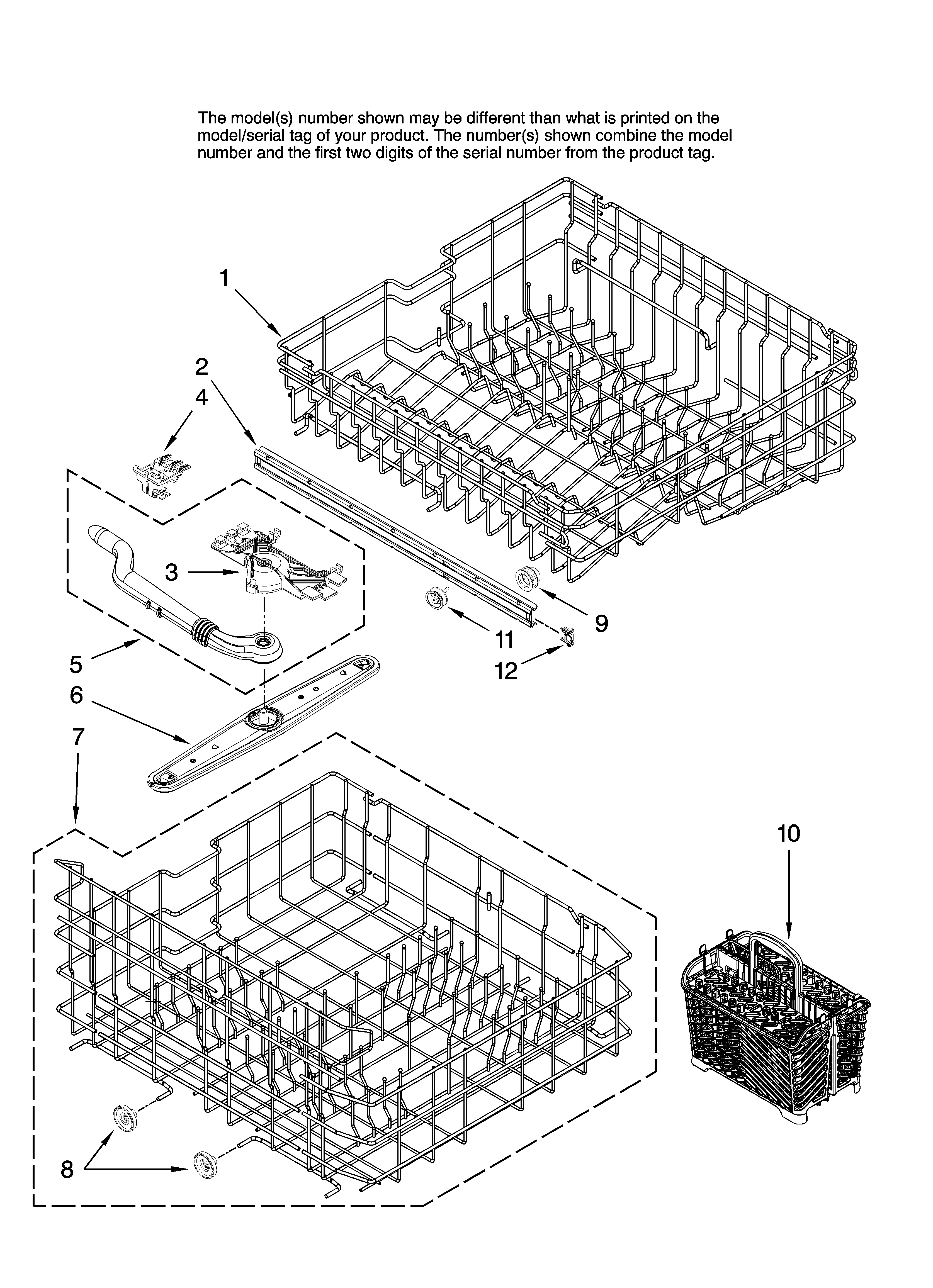 Amana ADB1500AWS0 upper and lower rack parts diagram