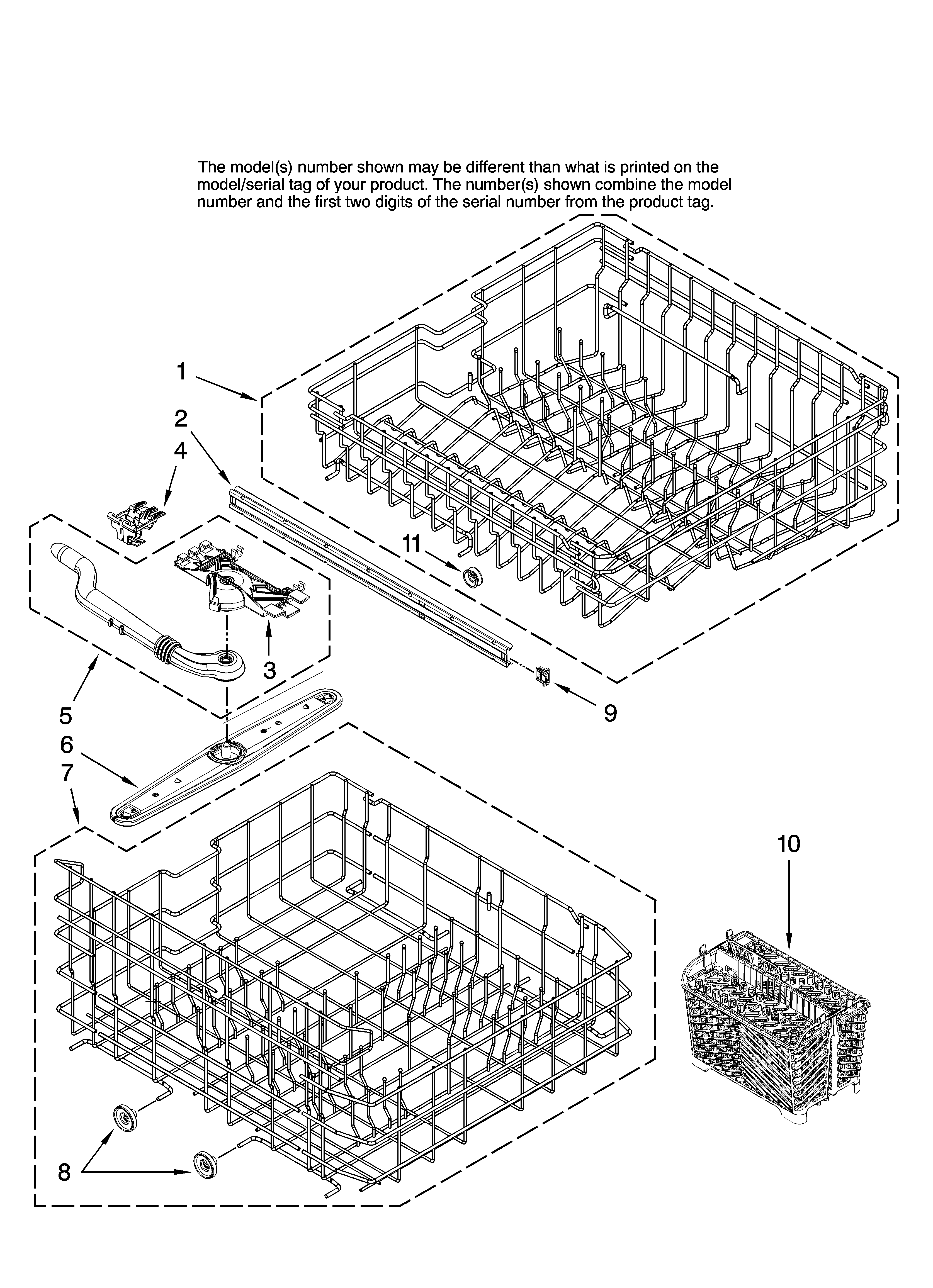 Maytag MDBH955AWW42 upper and lower rack parts diagram