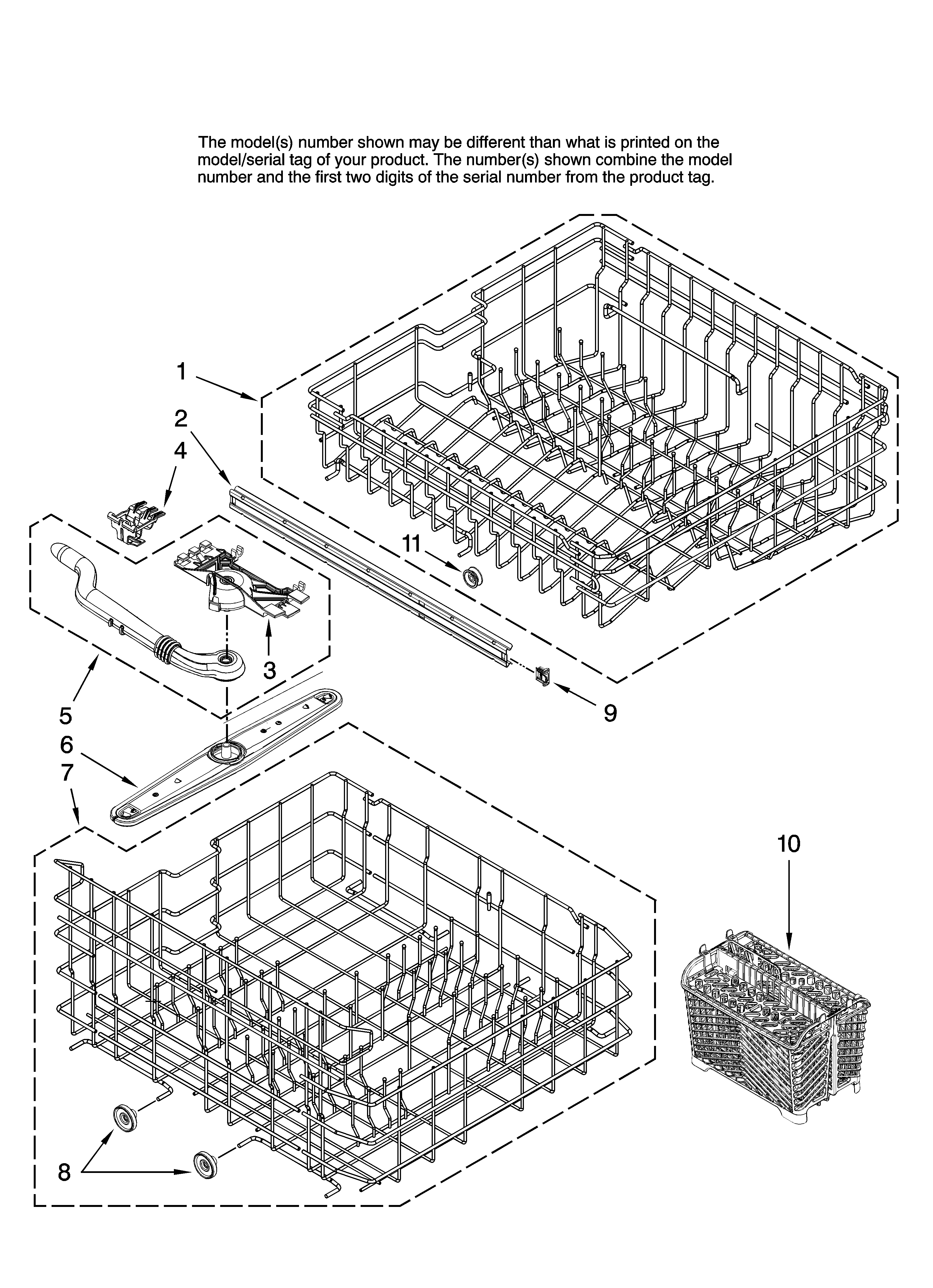 Maytag MDBH965AWB41 upper and lower rack parts diagram