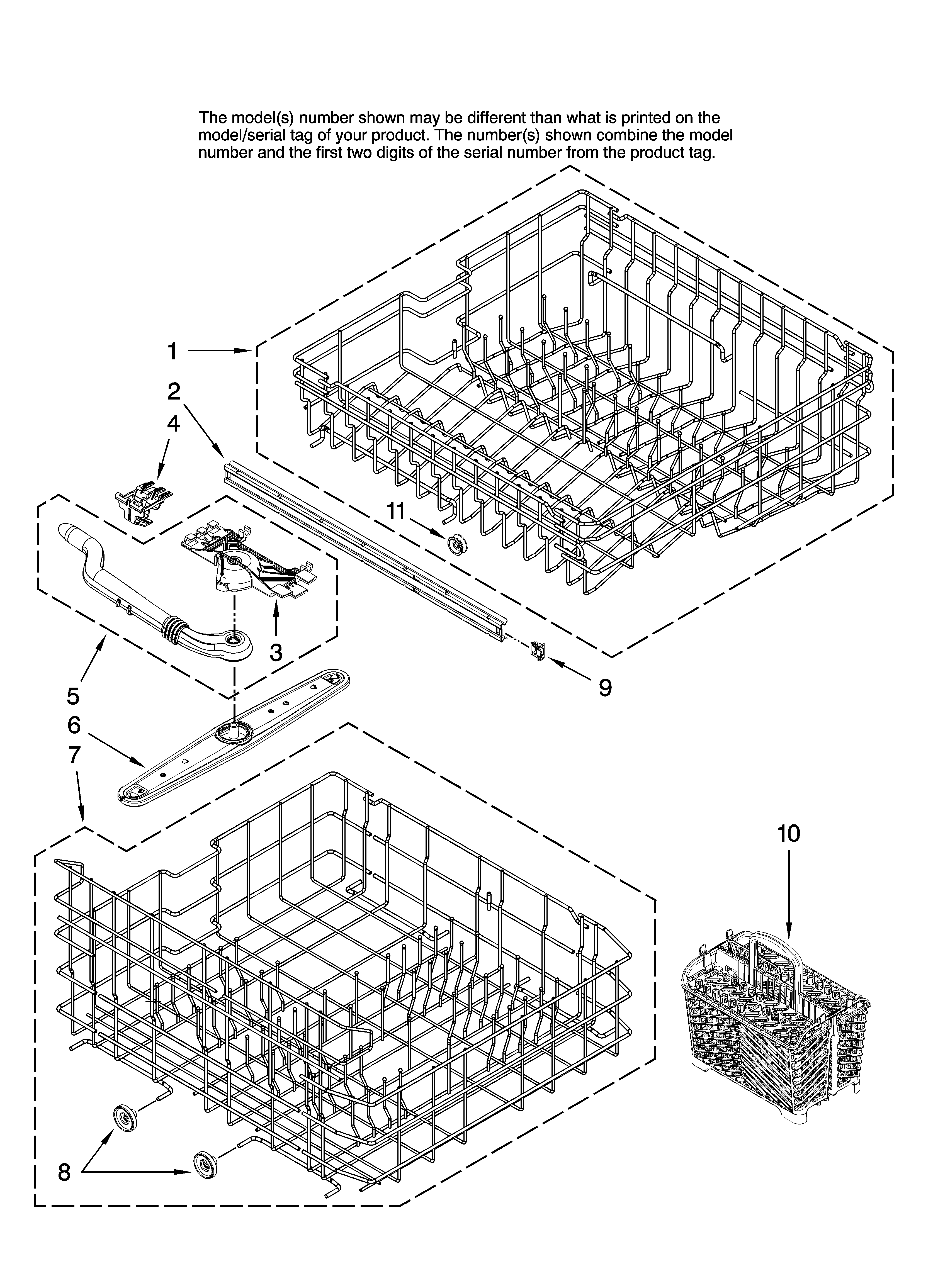 Maytag MDBH968AWB0 upper and lower rack parts diagram