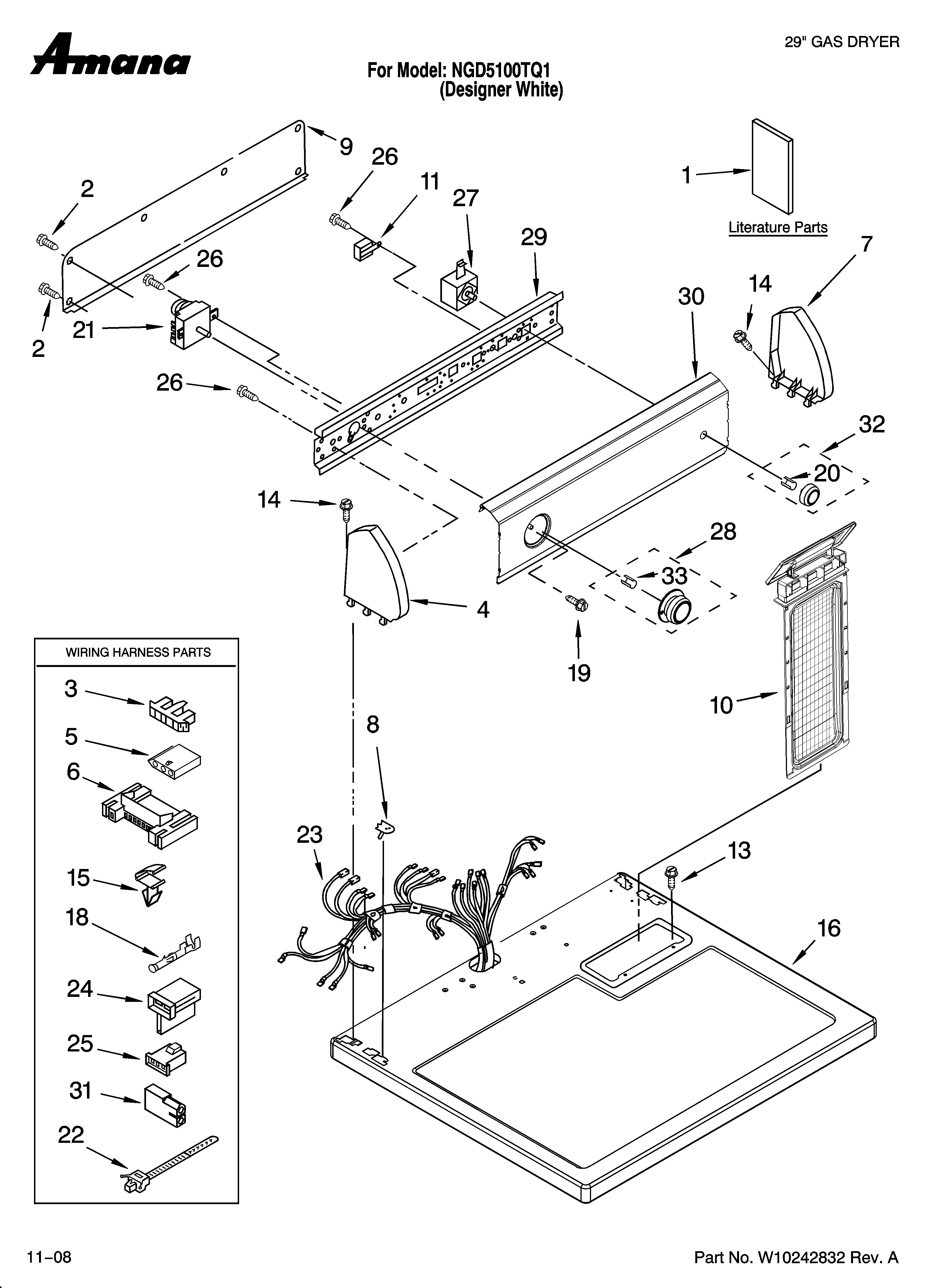 Amana NGD5100TQ1 top and console parts diagram