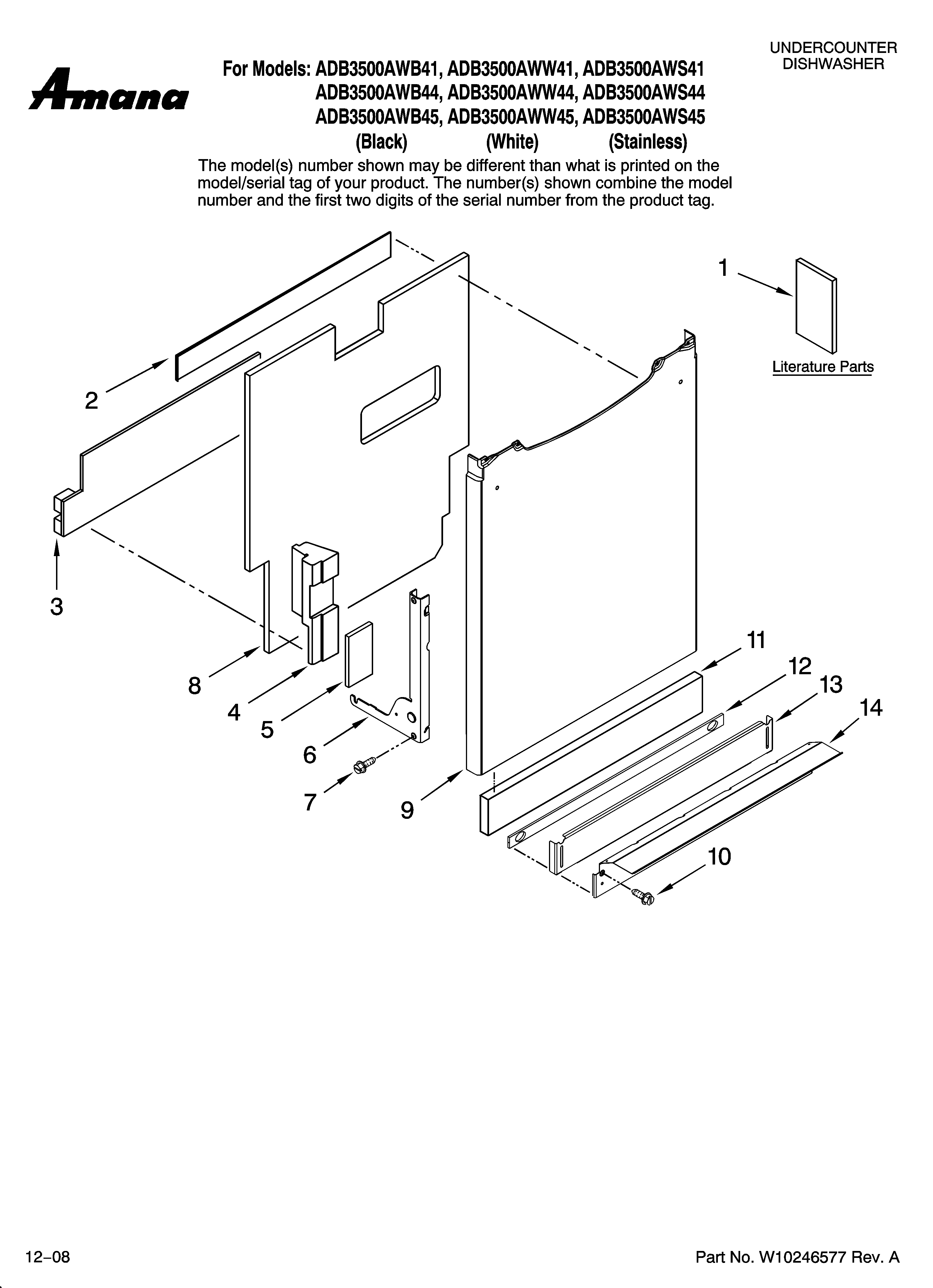 Amana ADB3500AWW41 door and panel parts diagram