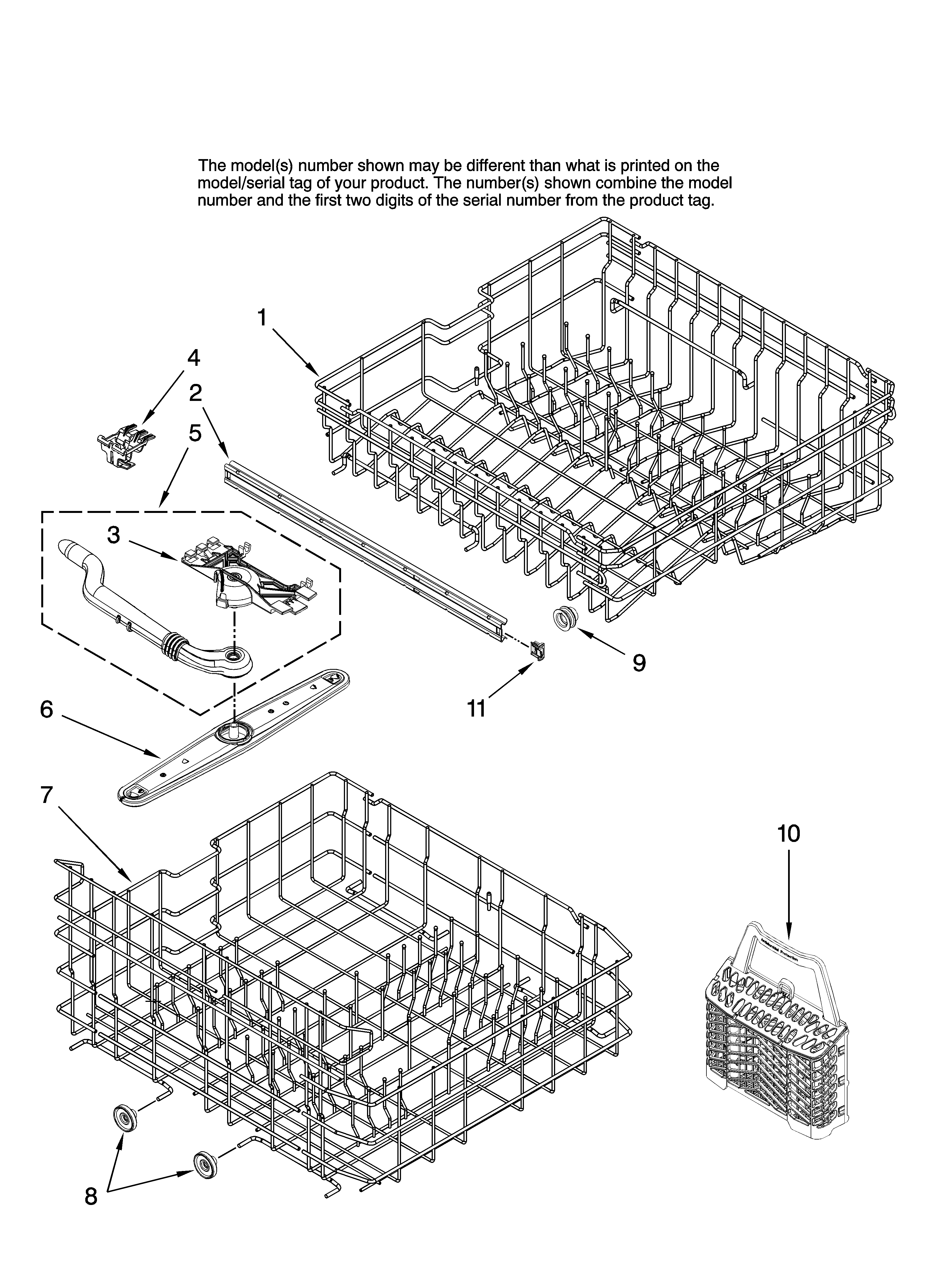 Amana ADB3500AWW41 upper and lower rack parts diagram
