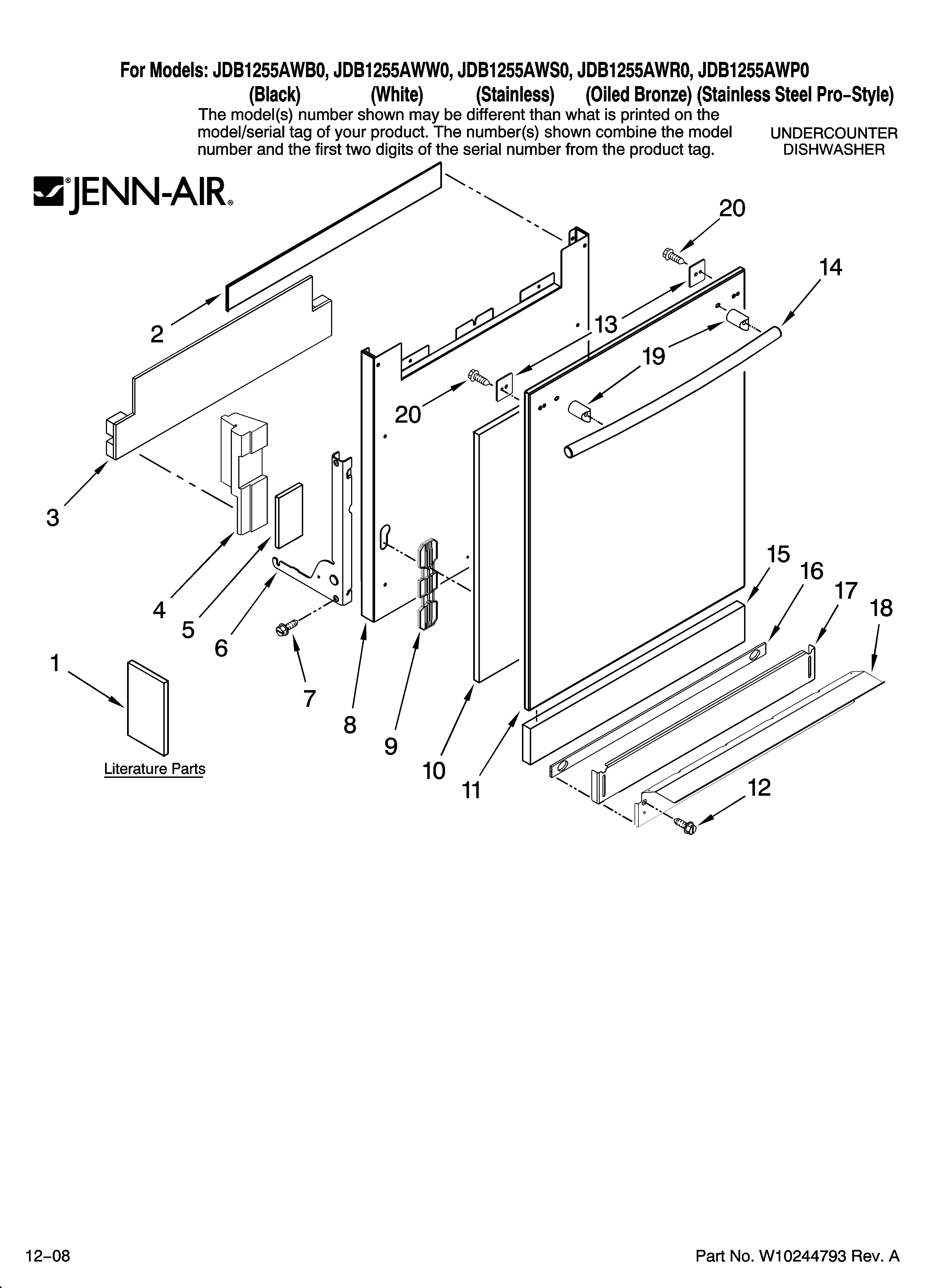 Jenn-Air JDB1255AWW0 door and panel parts diagram