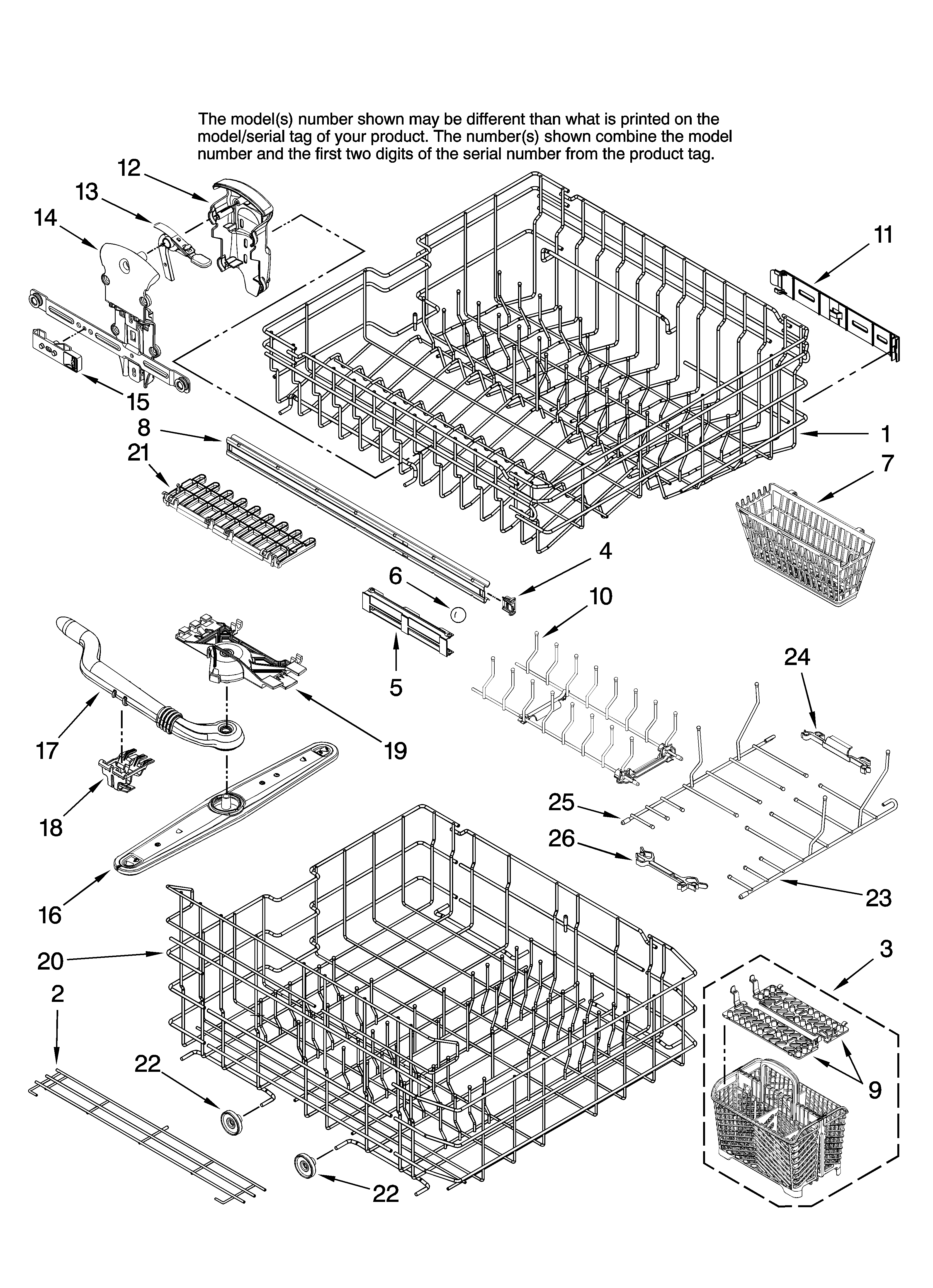 Jenn-Air JDB1255AWW0 upper and lower rack parts diagram