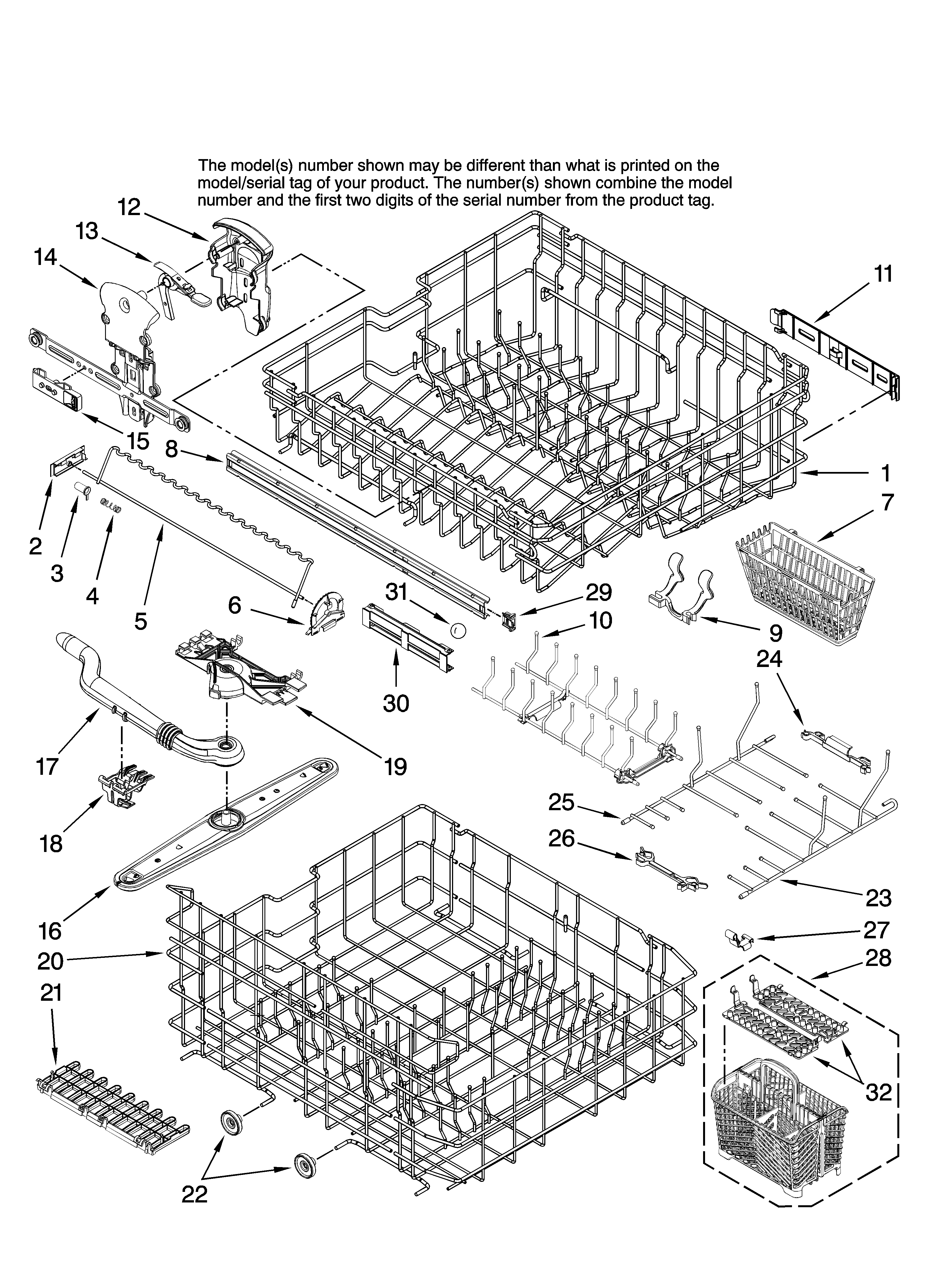 Jenn-Air JDB1255AWR45 upper and lower rack parts diagram