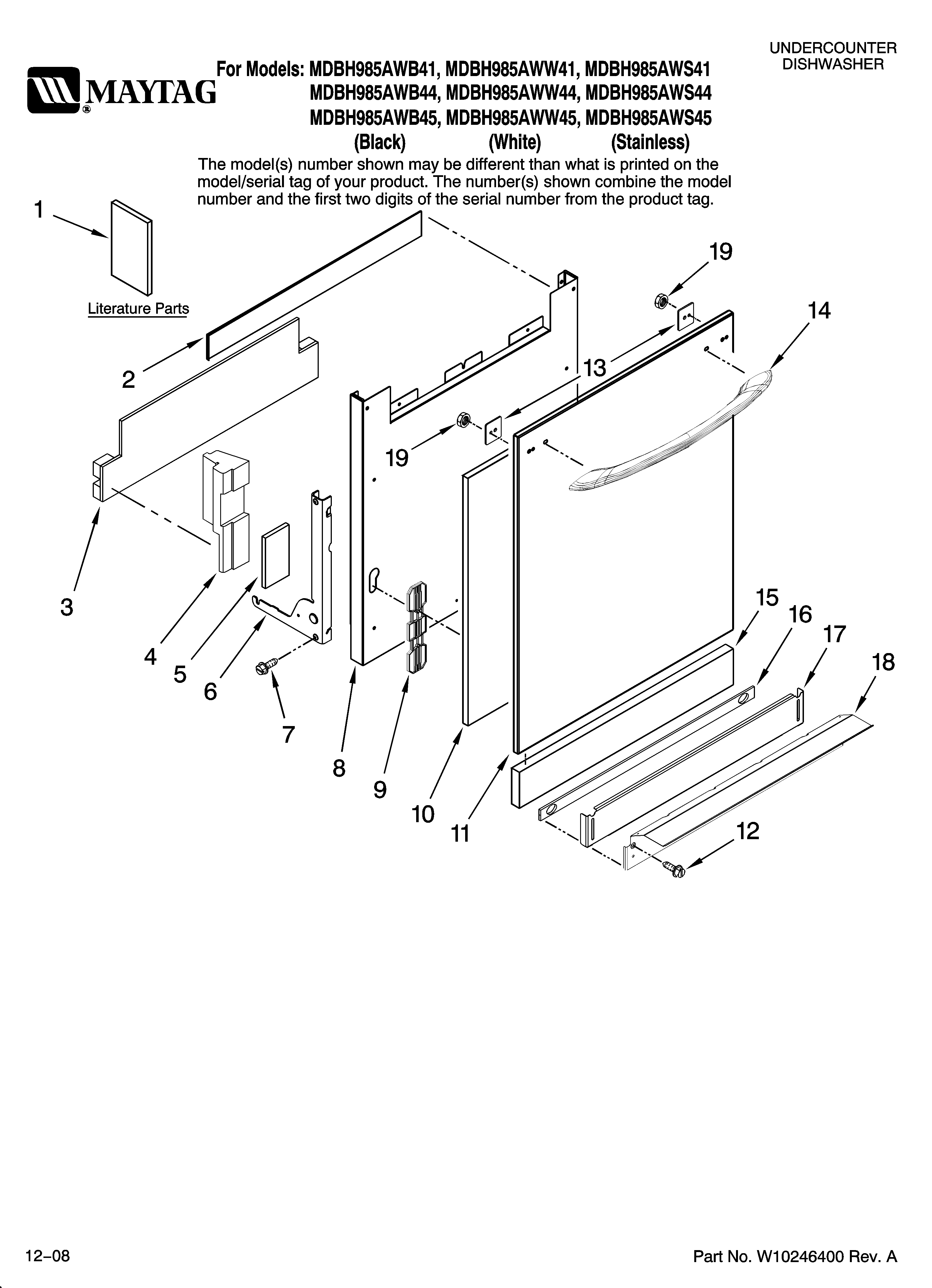 Maytag MDBH985AWS45 door and panel parts diagram