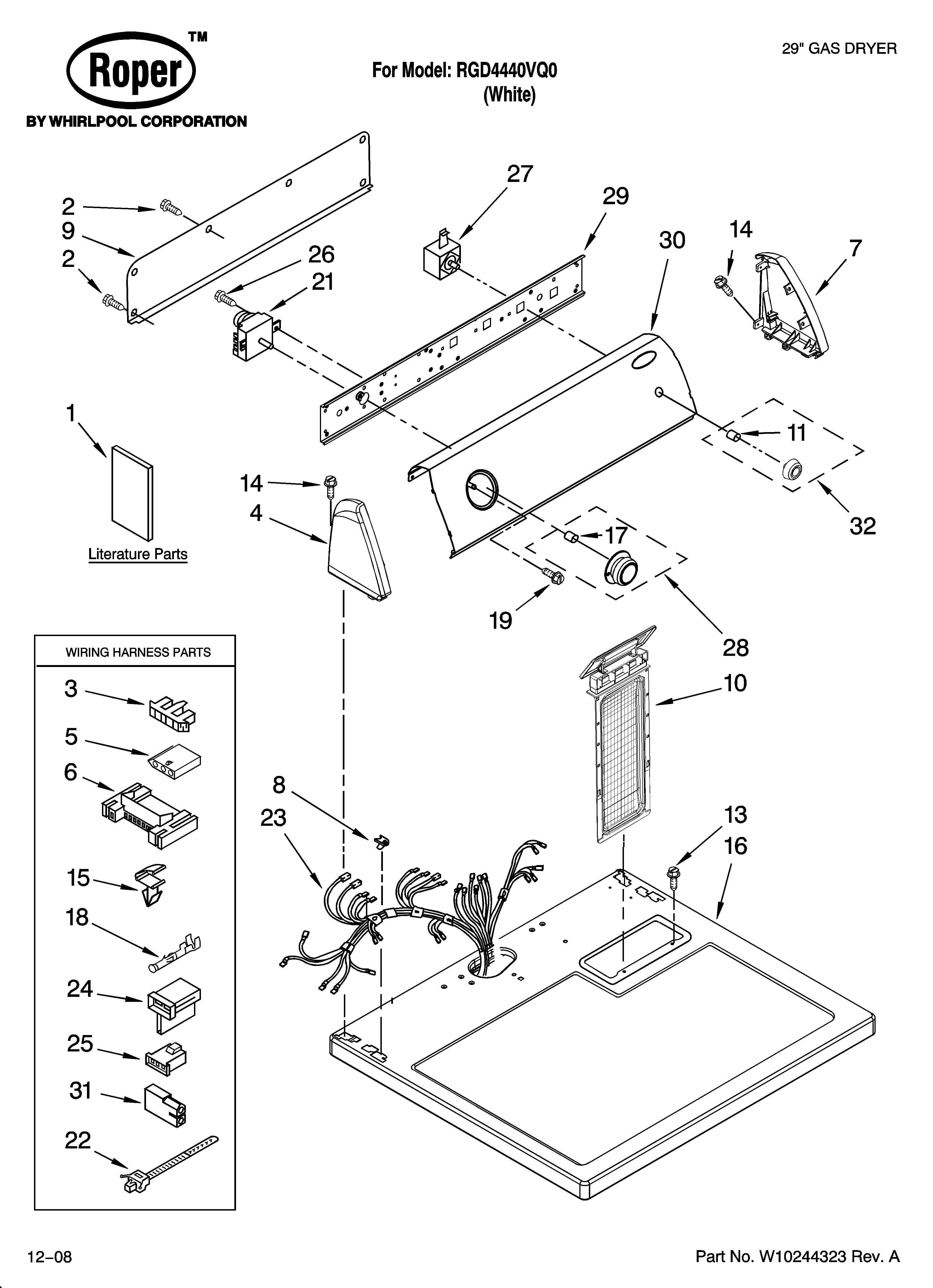 Roper RGD4440VQ0 top and console parts diagram