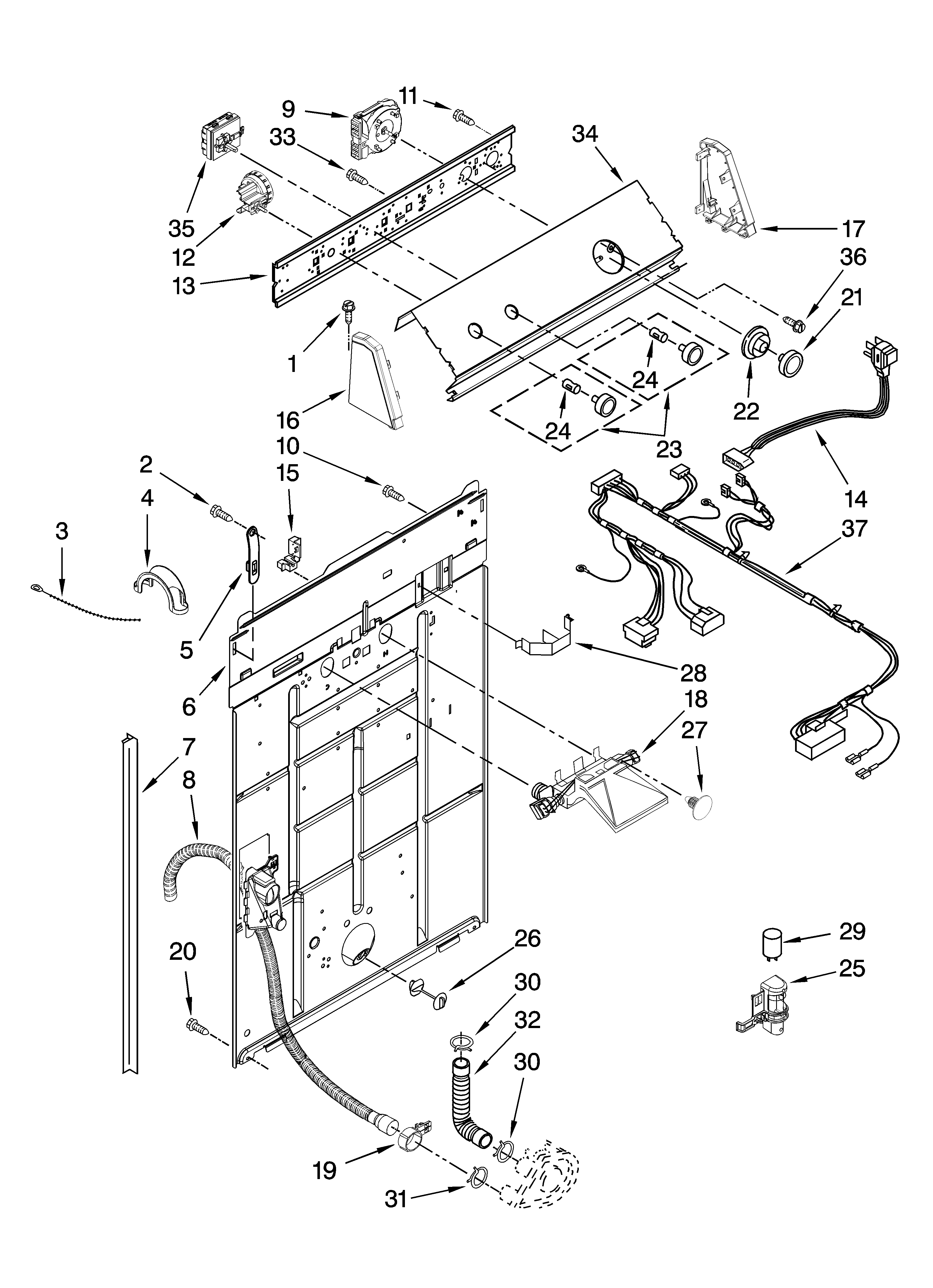 Roper RTW4440VQ1 controls and rear panel parts diagram