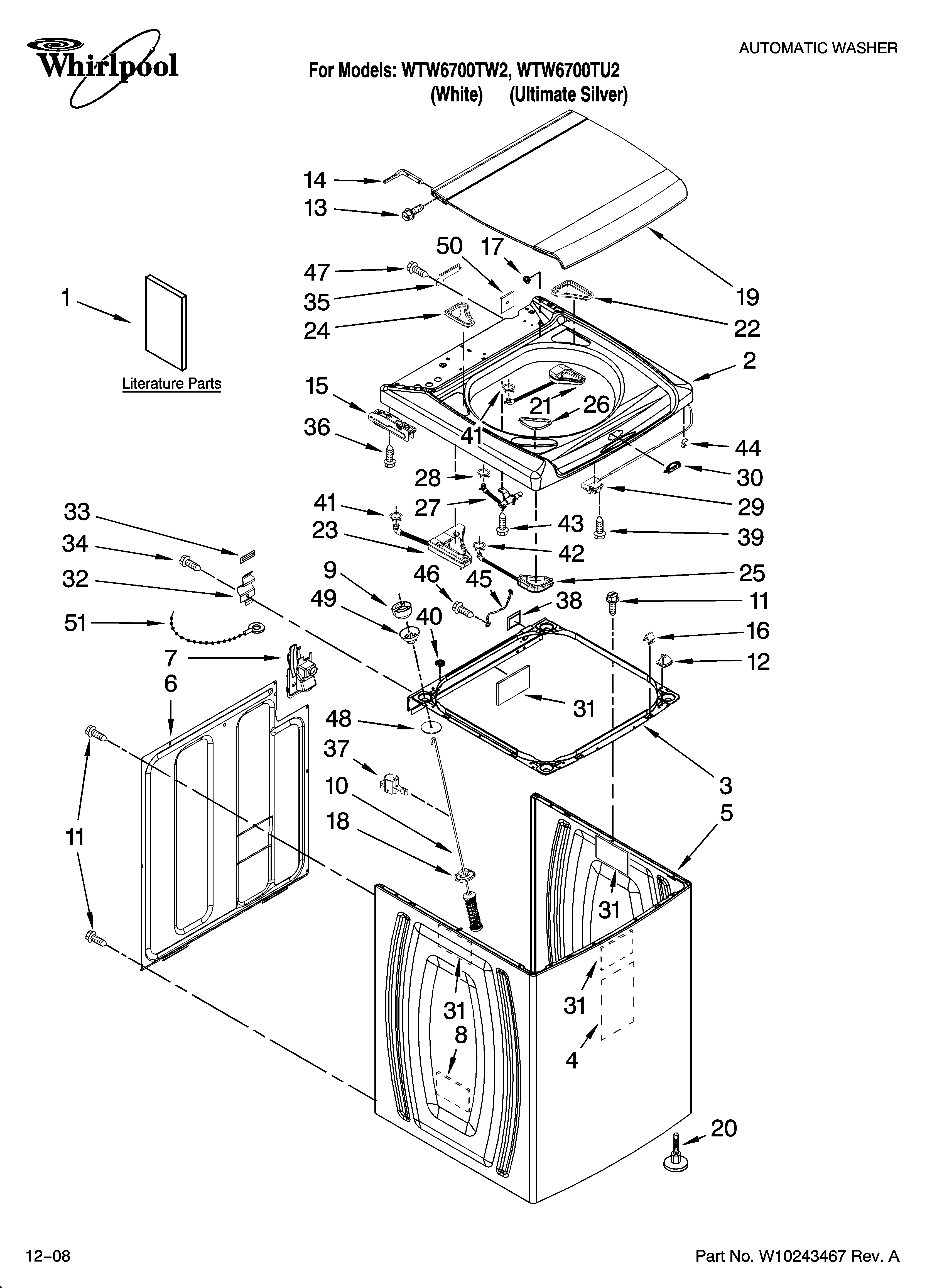Whirlpool WTW6700TW2 top and cabinet parts diagram