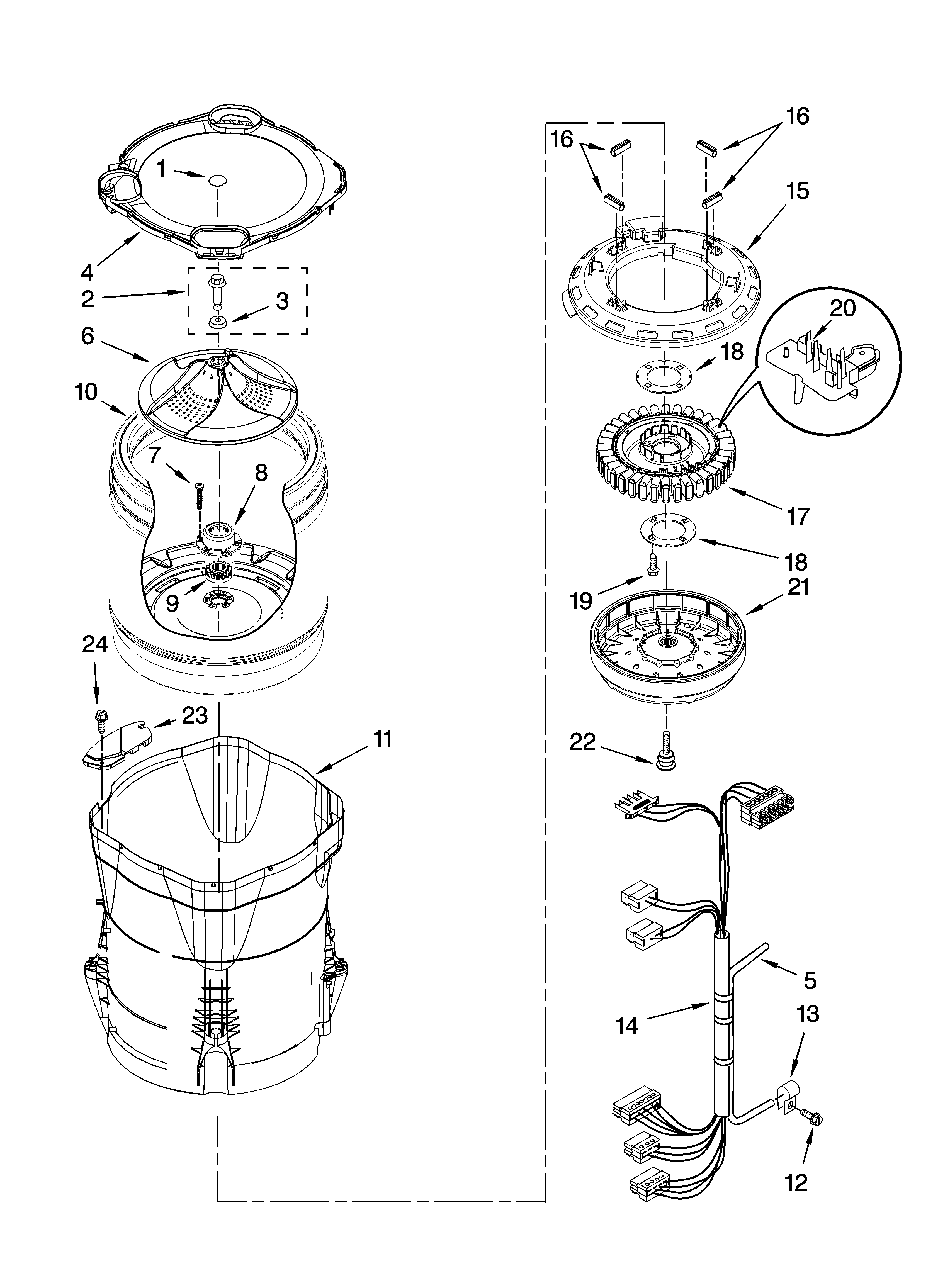 Whirlpool WTW6700TW2 motor, basket and tub parts diagram
