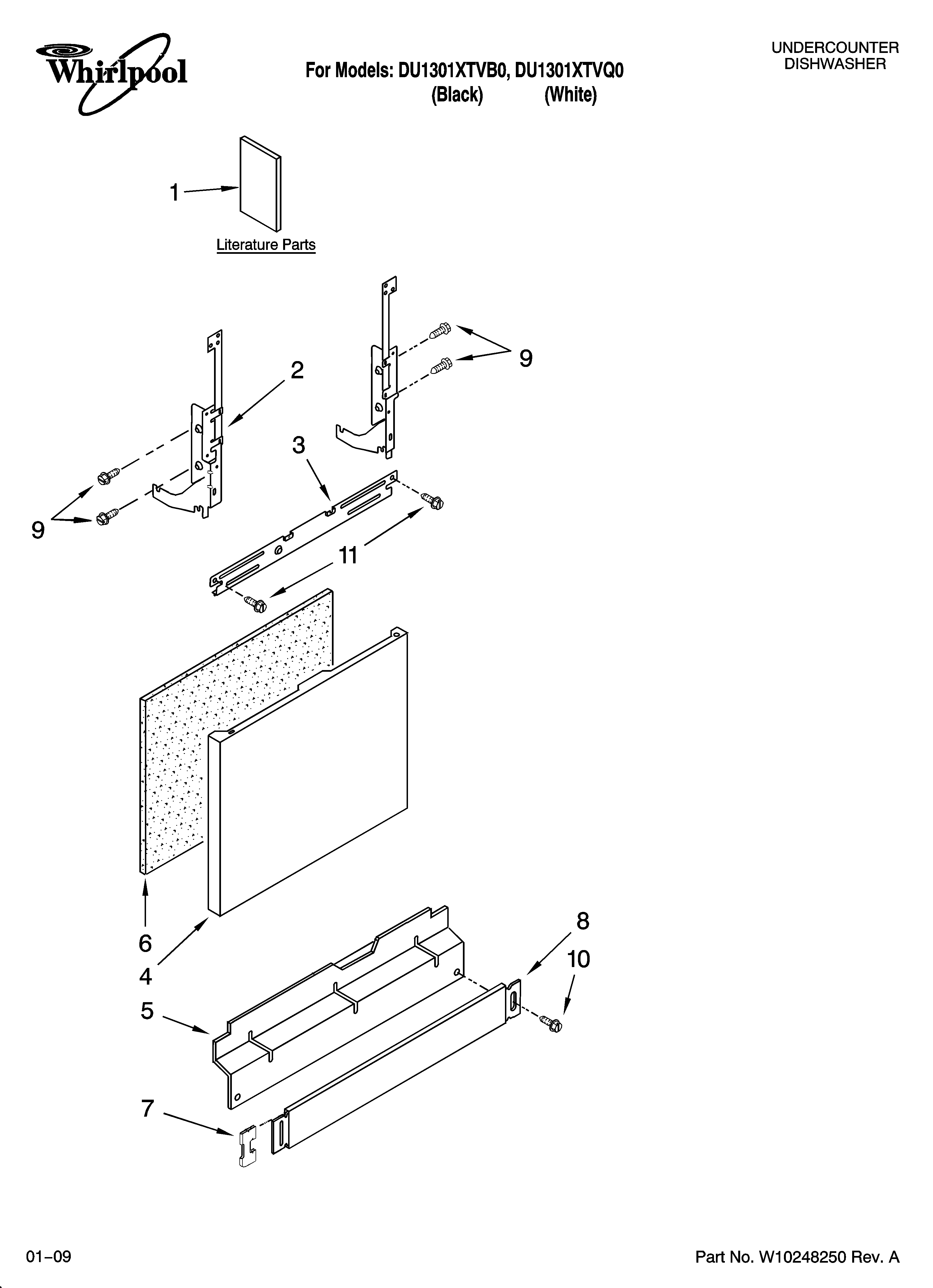Whirlpool DU1301XTVB0 door and panel parts diagram