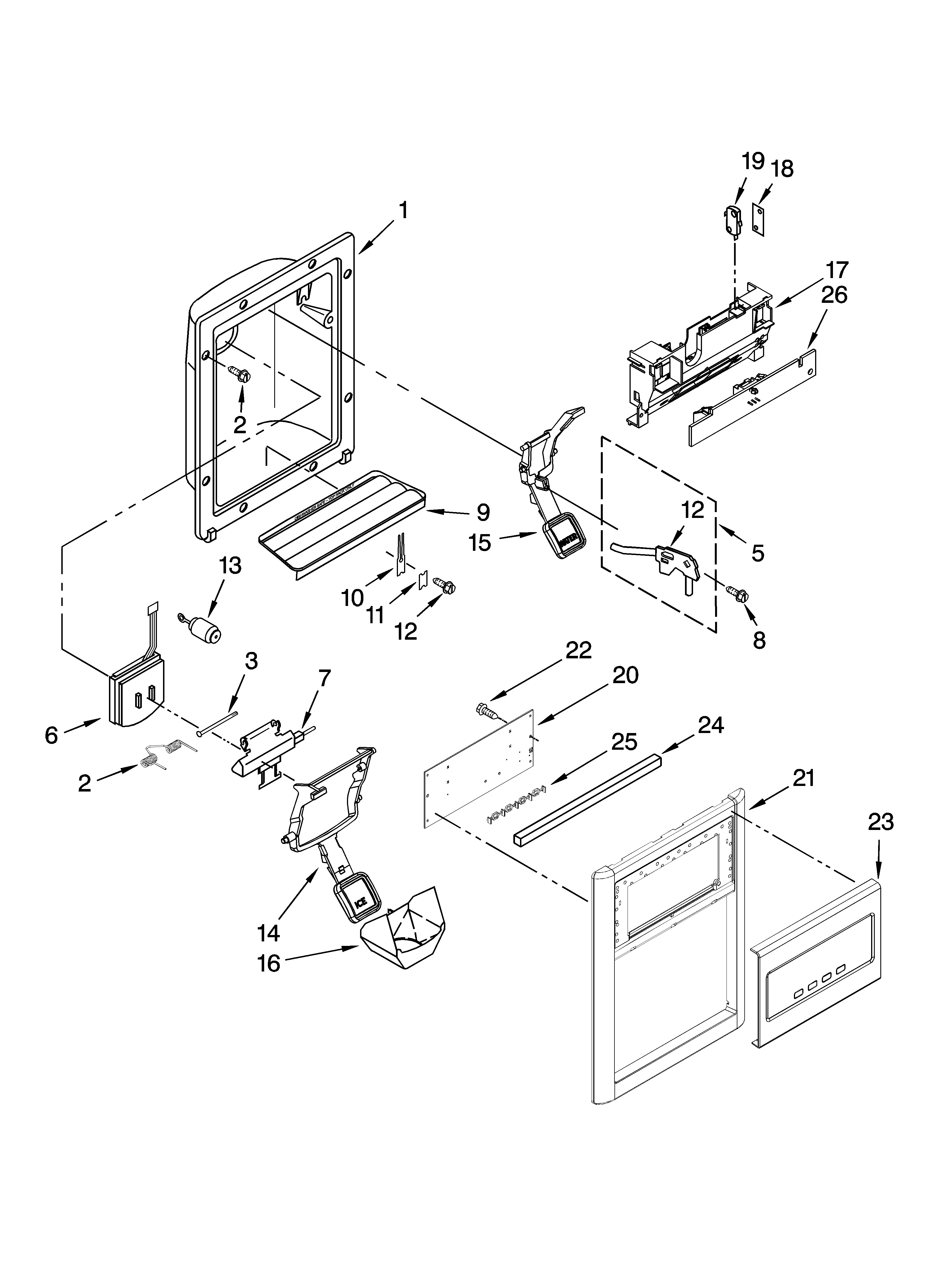 Whirlpool GS5VHAXWB00 dispenser front parts diagram