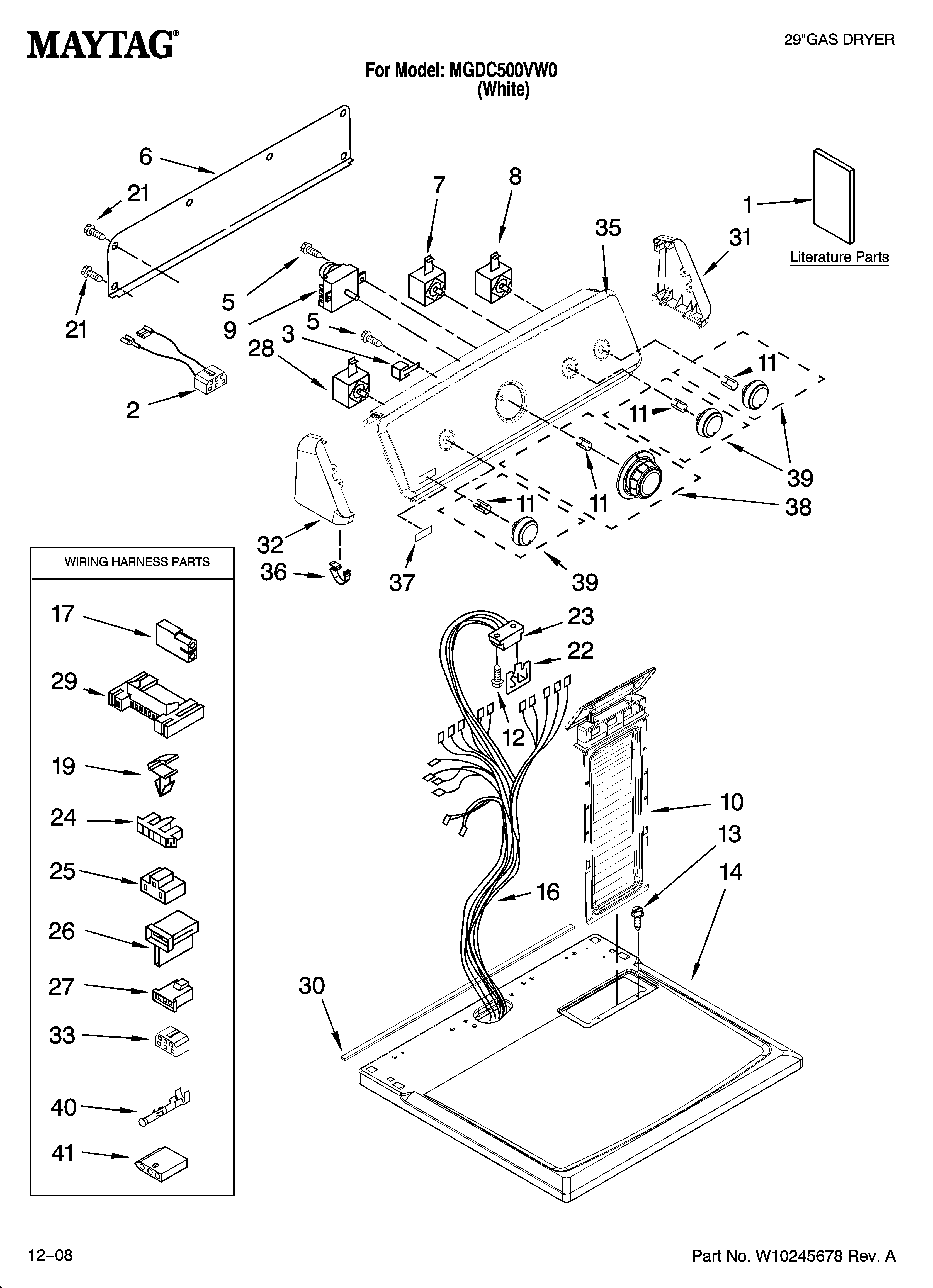 Maytag MGDC500VW0 top and console parts diagram