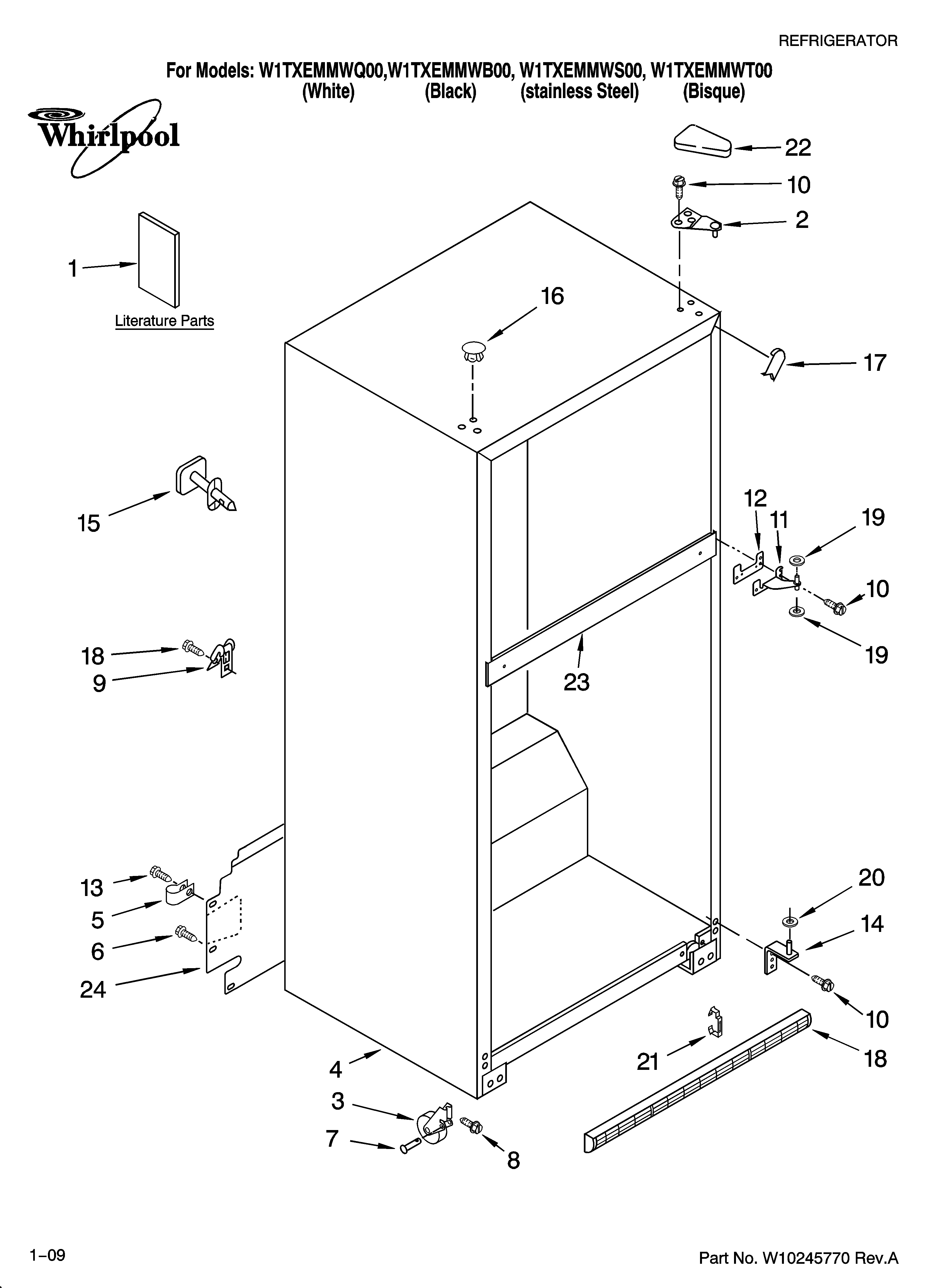 Whirlpool W1TXEMMWB00 cabinet parts diagram