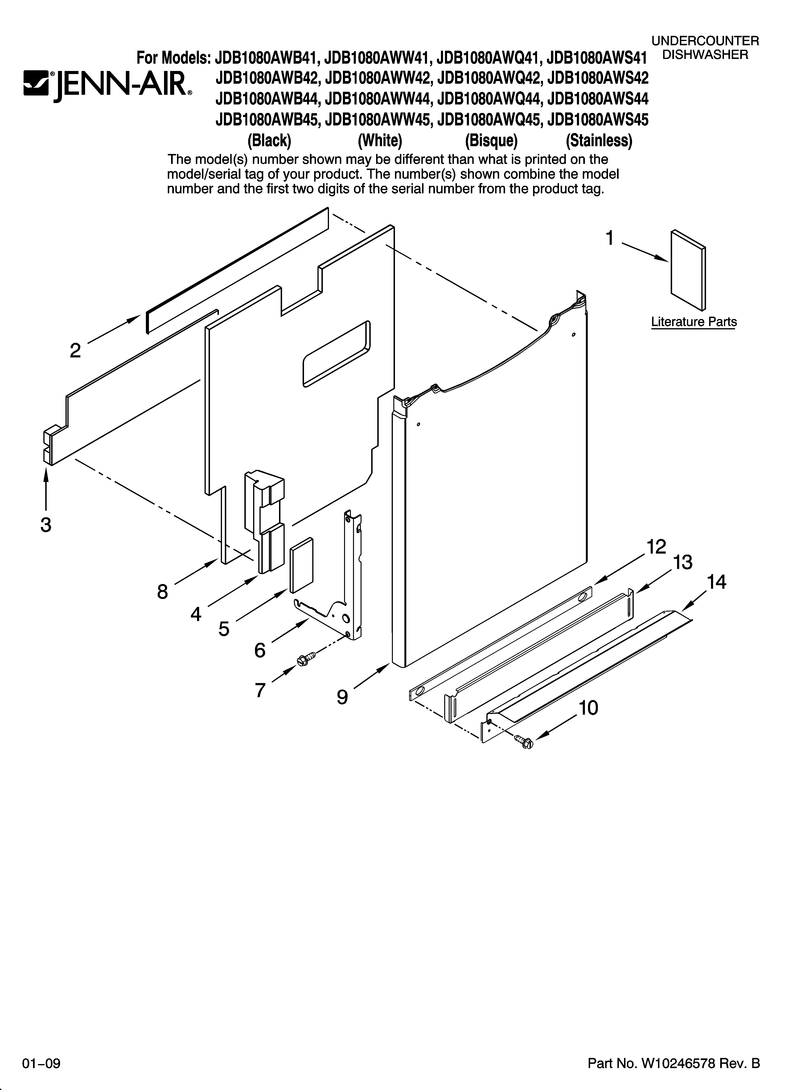 Jenn-Air JDB1080AWB42 door and panel parts diagram